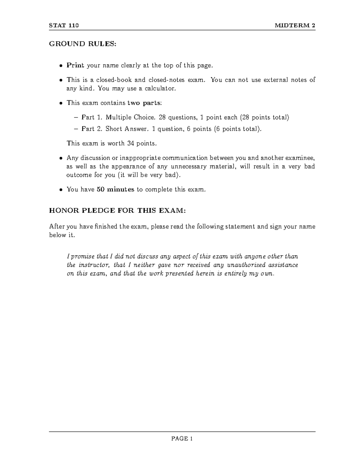 Sample/practice exam 2017, questions and answers - STAT 110 MIDTERM 2 ...