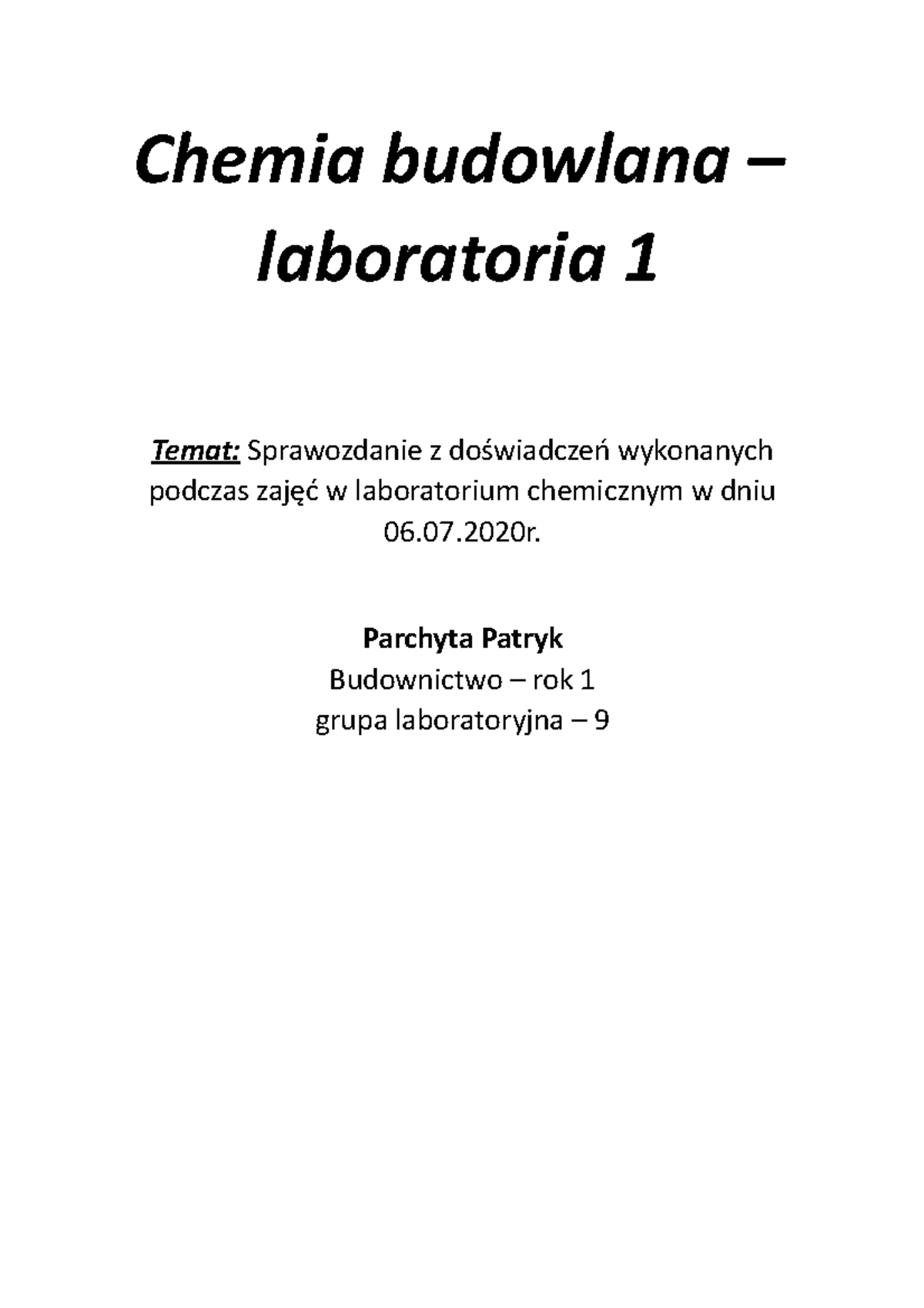 Sprawozdanie Z Chemii 1 - Chemia Budowlana – Laboratoria 1 Temat ...