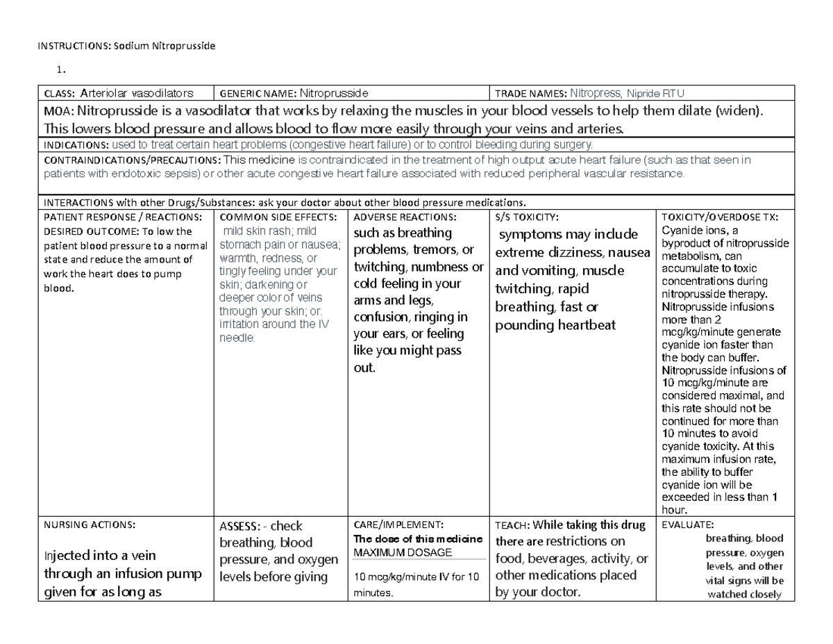 Med Card Sodium Nitroprusside INSTRUCTIONS Sodium Nitroprusside