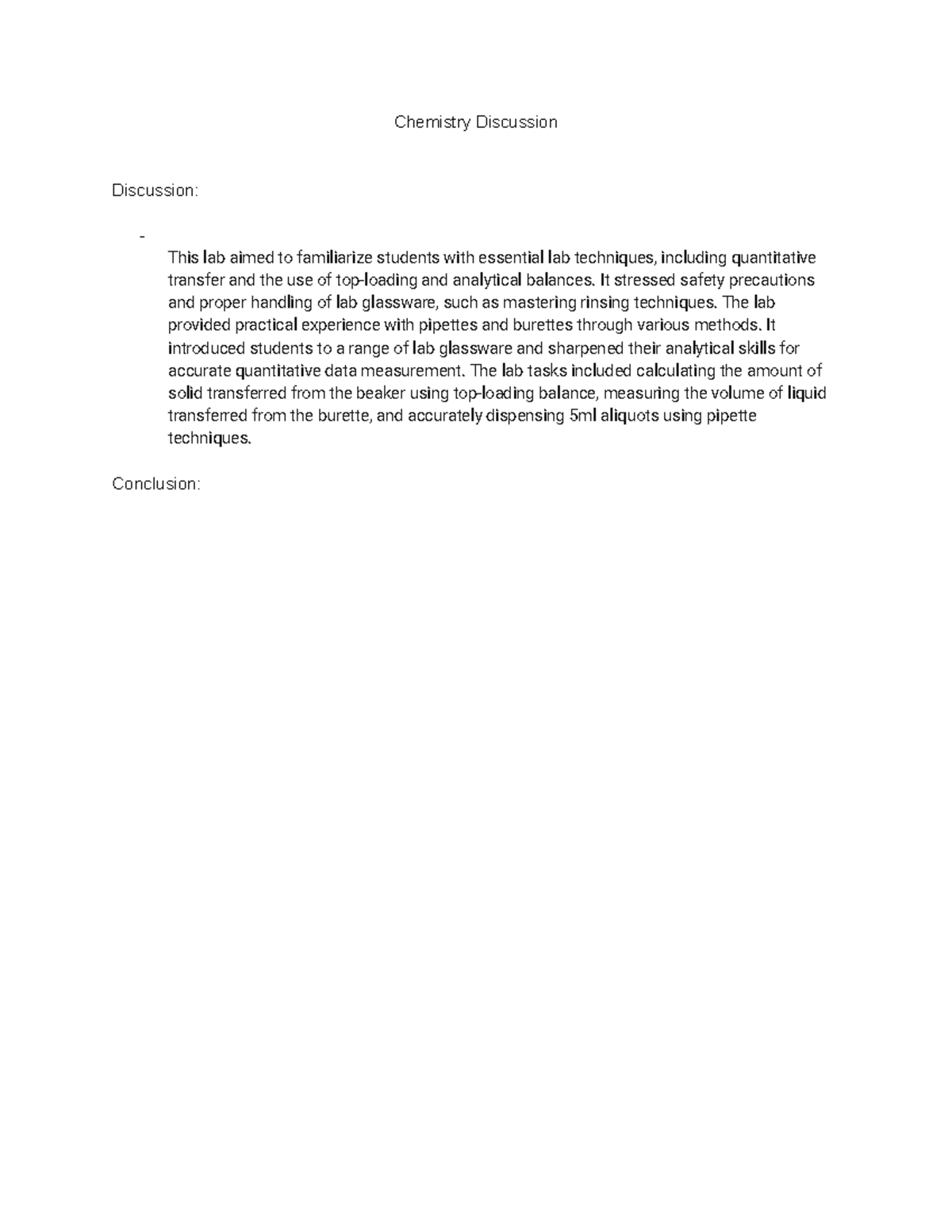 Chemistry Discussion Chemistry Discussion Discussion This lab aimed