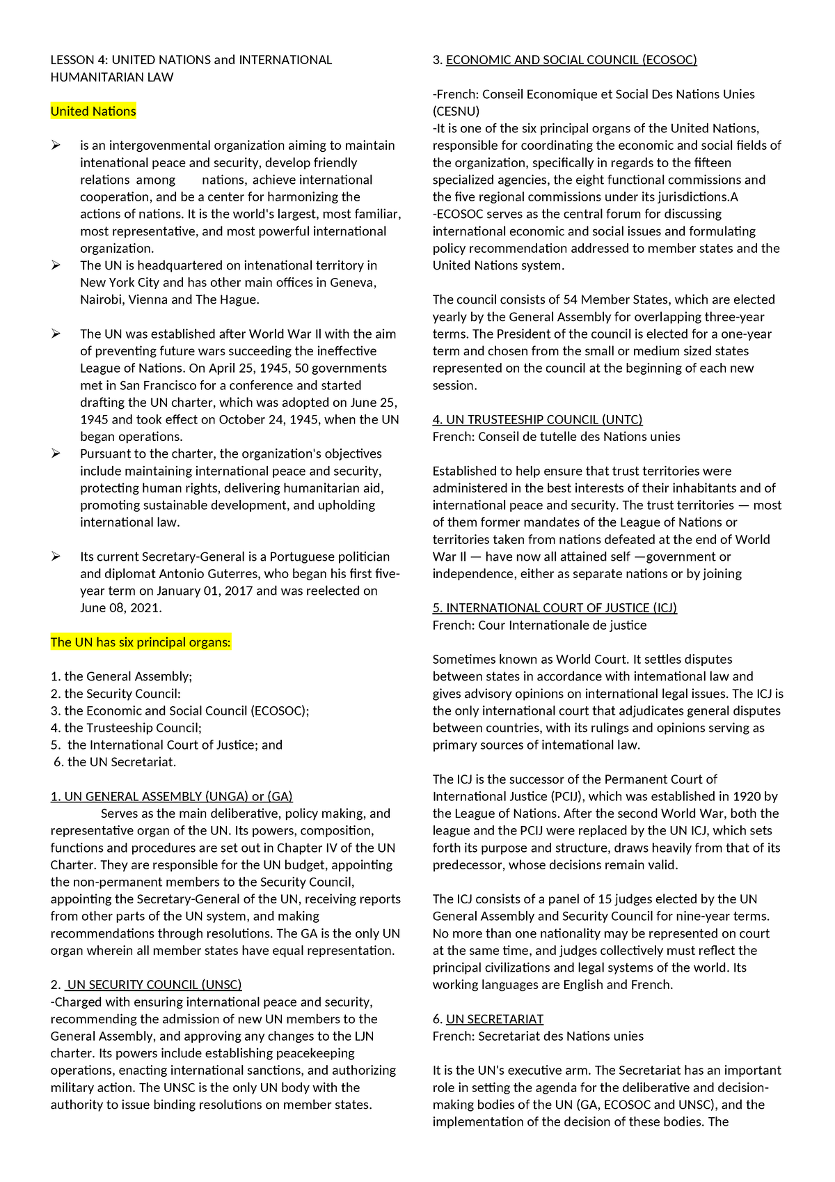 HR- Finals - Yes - LESSON 4: UNITED NATIONS and INTERNATIONAL ...