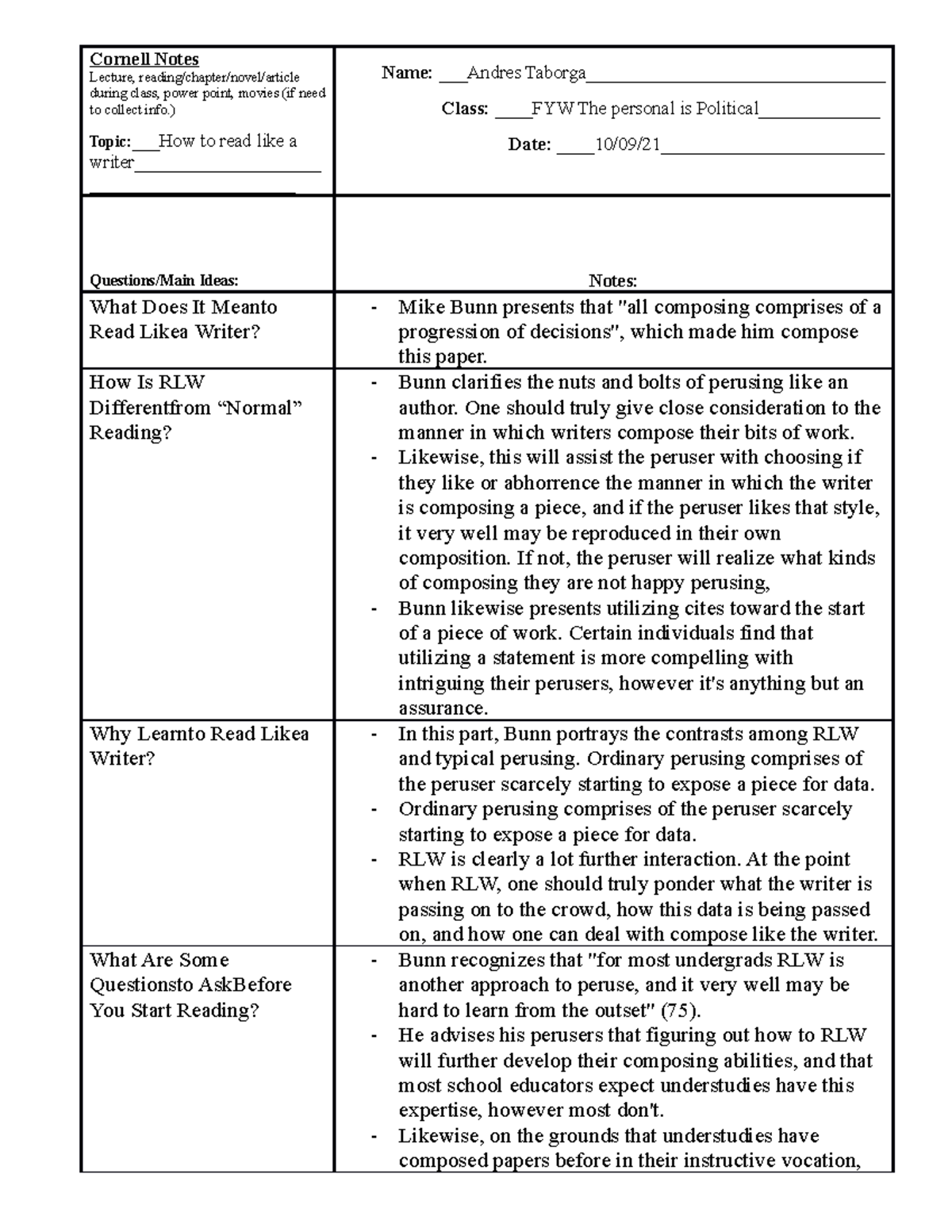 Cornell Notes Lecture: Reading Like a Writer - Studocu