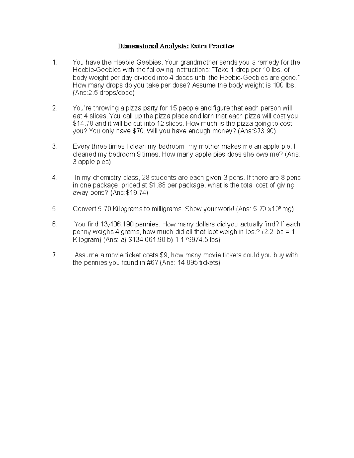 Dimensional Analysis Problem Practice 2 - Dimensional Analysis: Extra ...