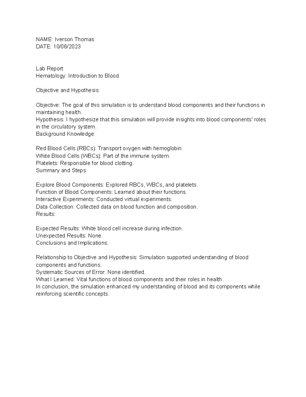 Untitled document - human biology - NAME: Iverson Thomas DATE: 10/06 ...