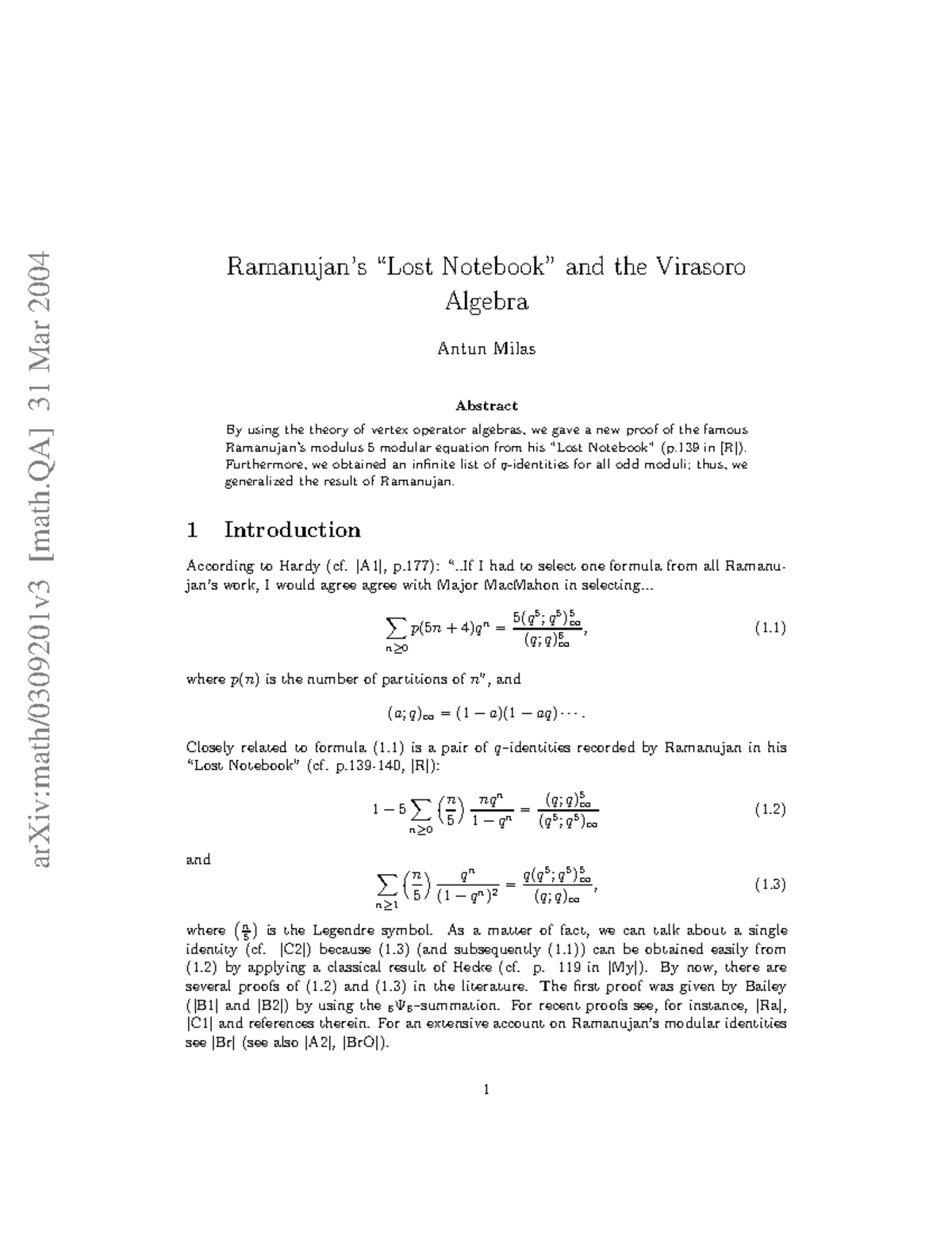 0309201 - Cours - arXiv:math/0309201v3 [math] 31 Mar 2004 Ramanujan’s ...