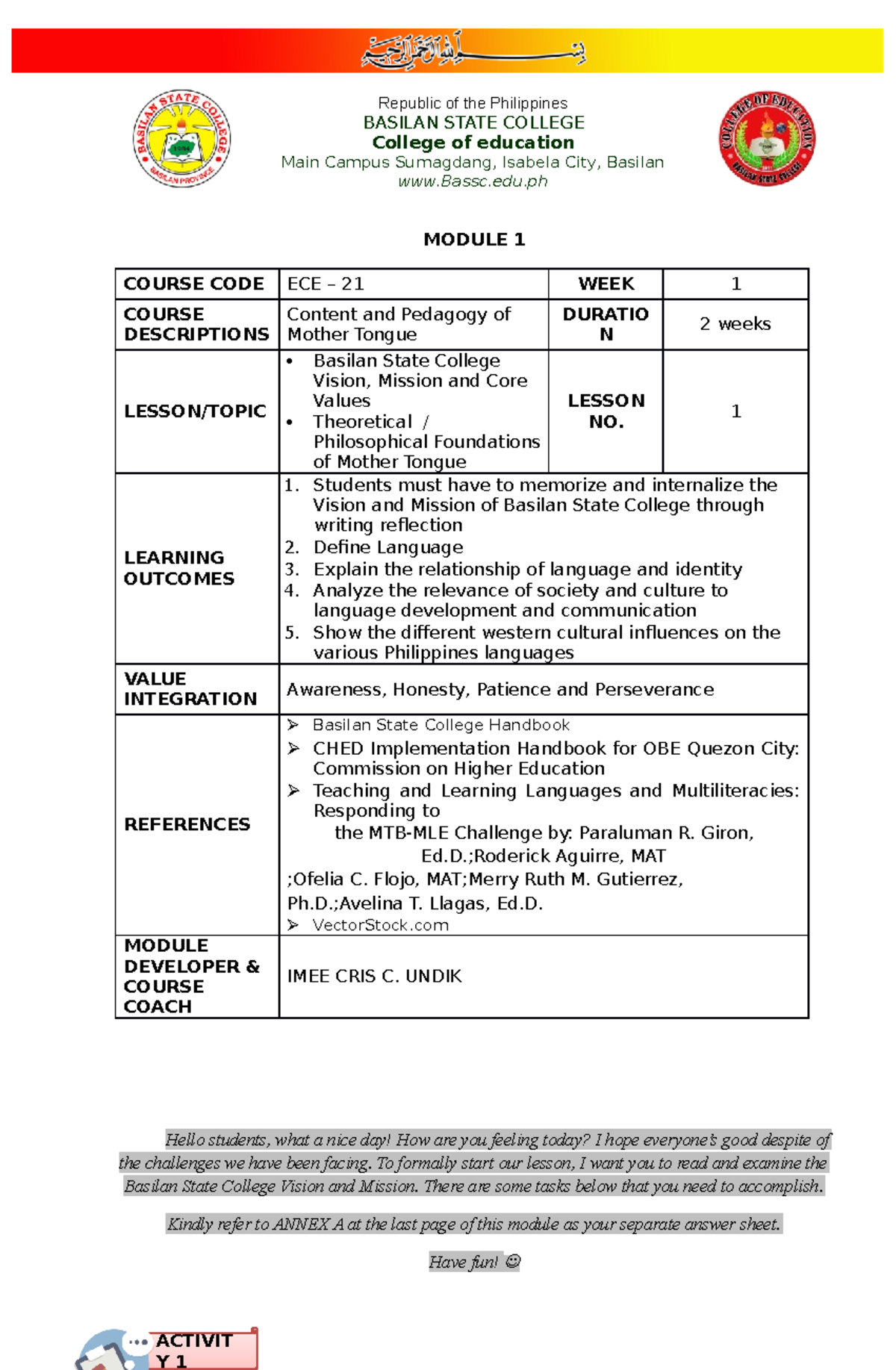 ECE-21 - ACTIVIT Y 1 ACTIVIT Y 1 0NDIK MODULE 1 Hello students, what a ...