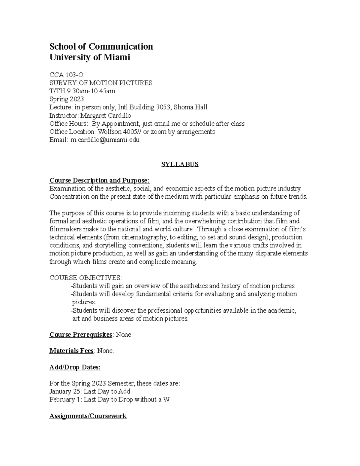 Syllabus 103 S23 Cardillo School of Communication University of Miami