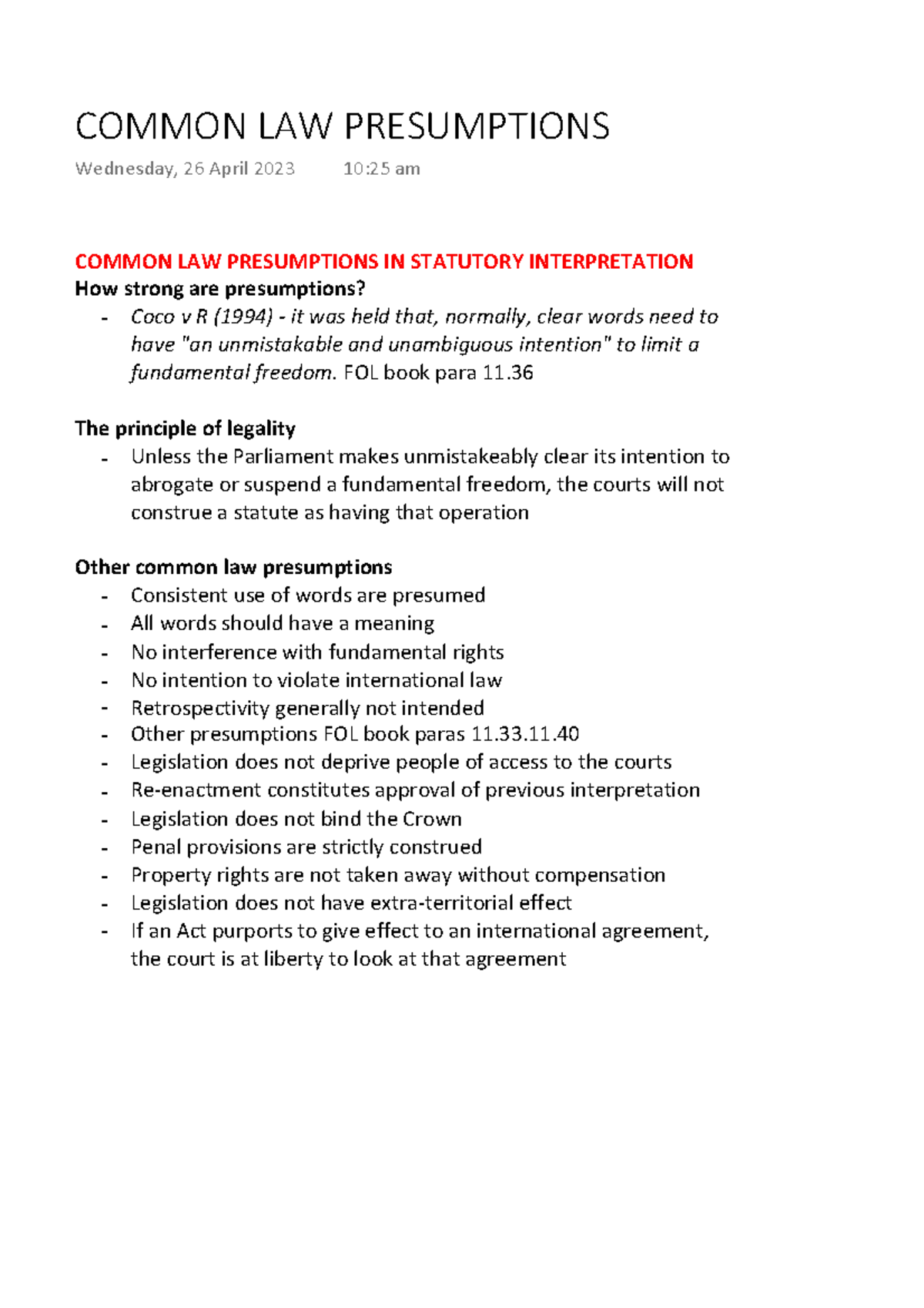 Common Law Presumptions COMMON LAW PRESUMPTIONS IN STATUTORY