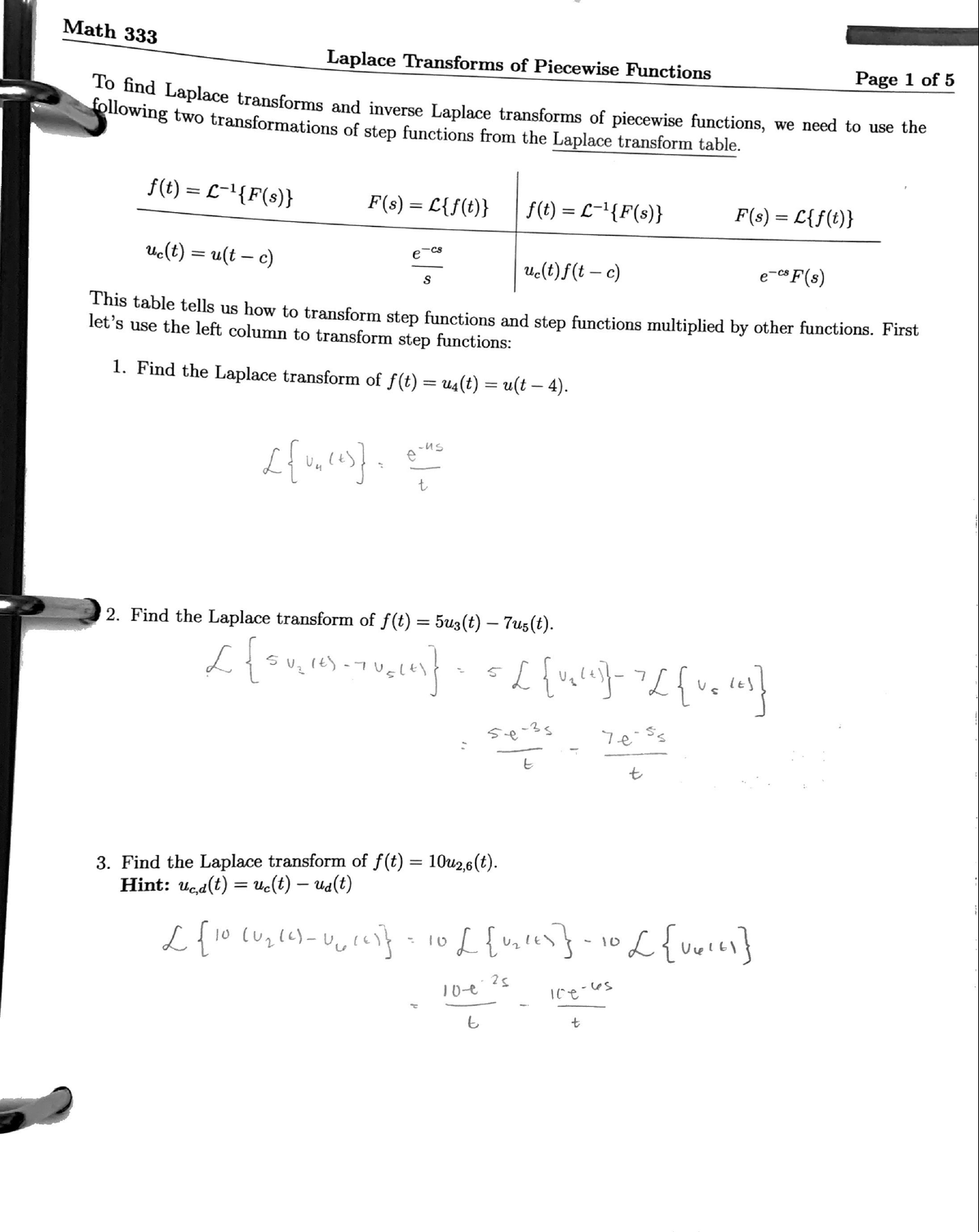 Laplace Transforms of Piecewise Functions - MATH 333 - Studocu