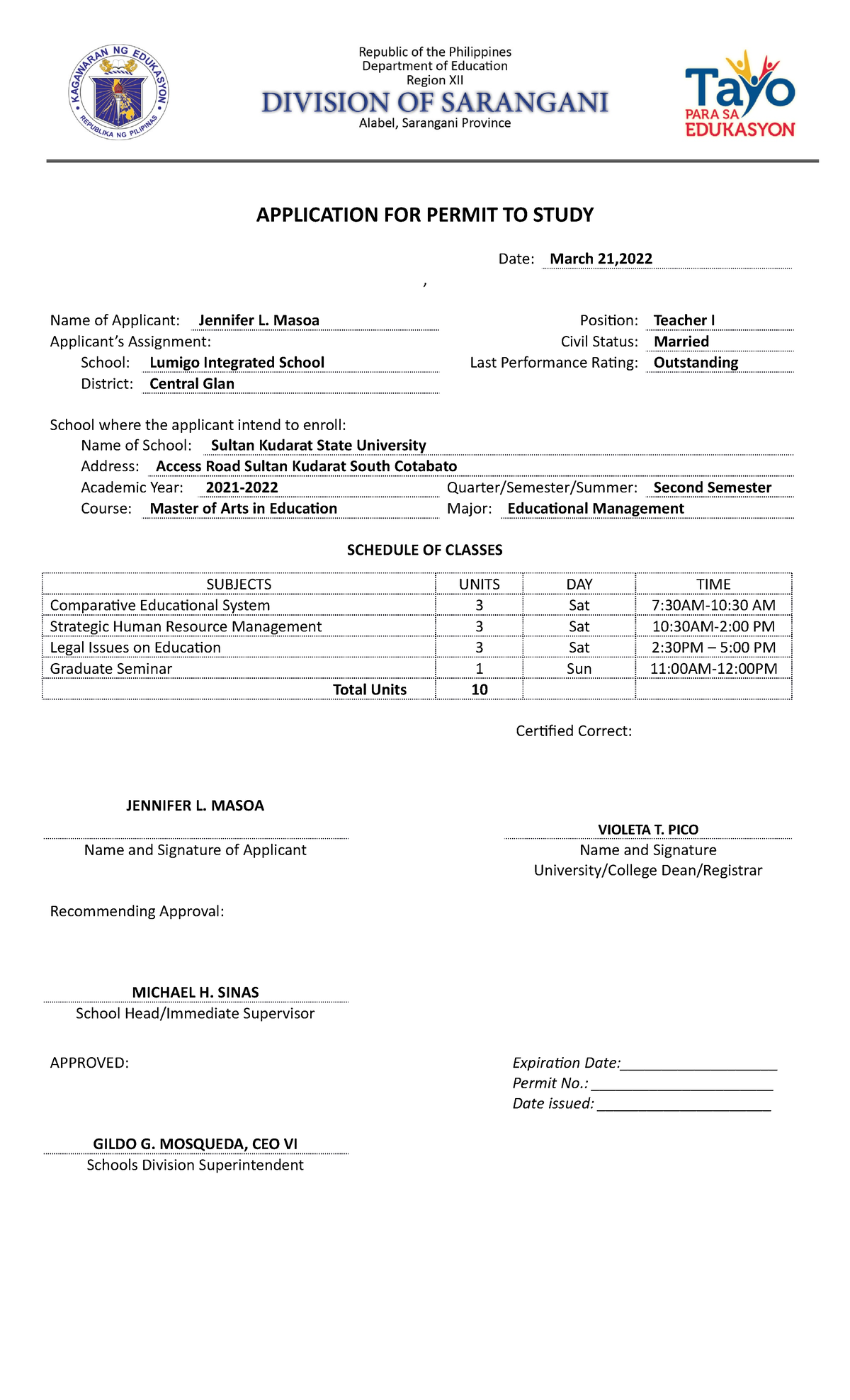 Permit to Study 1ST SEM 2020 2021 - APPLICATION FOR PERMIT TO STUDY