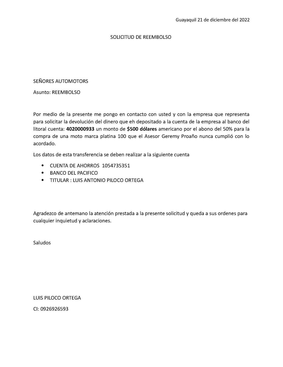 Solicitud De Rebolso Clases Guayaquil 21 De Diciembre Del 2022 Solicitud De Reembolso 6454