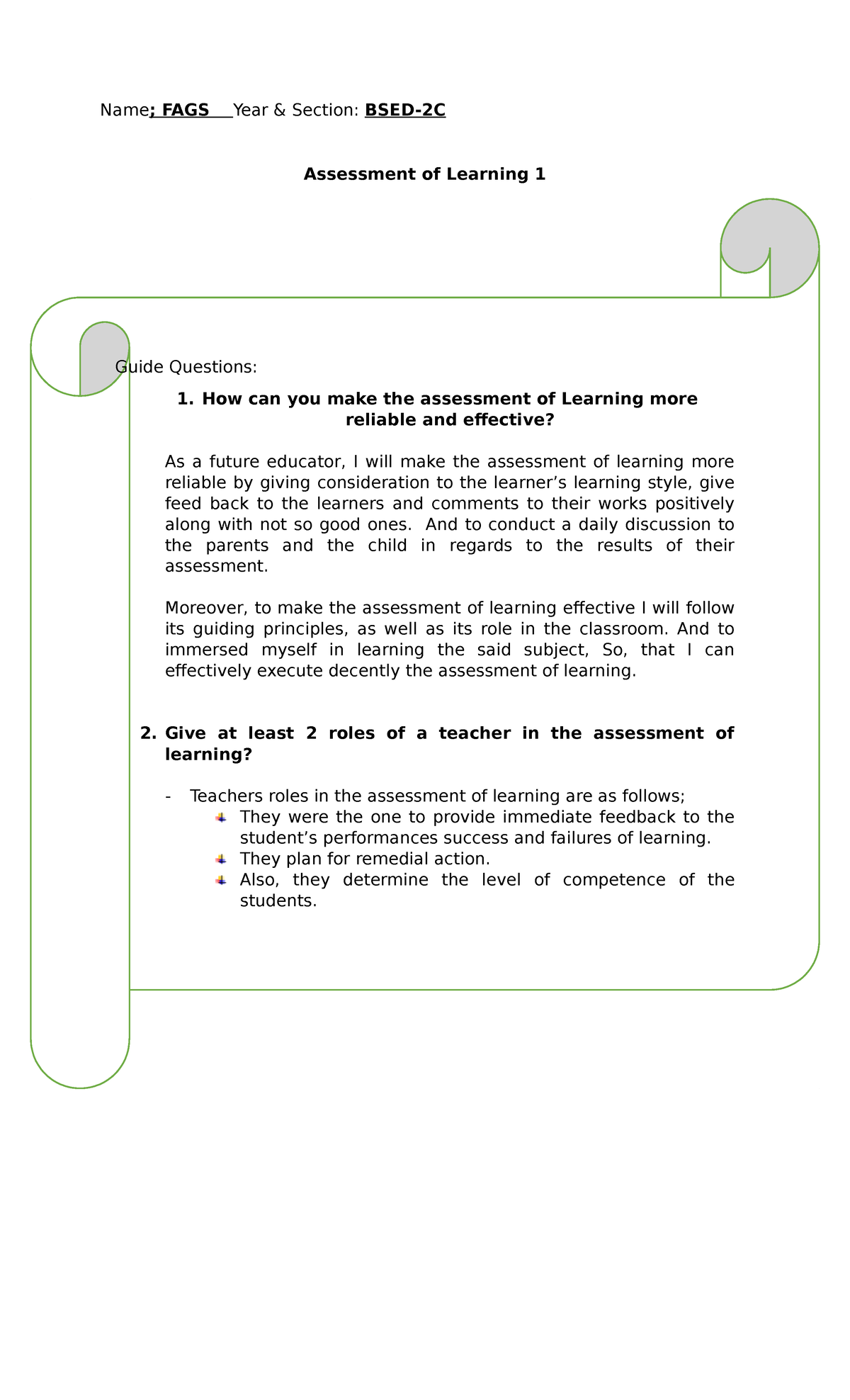 Assesment of Learning Essay - Name; FAGS Year & Section: BSED-2C ...