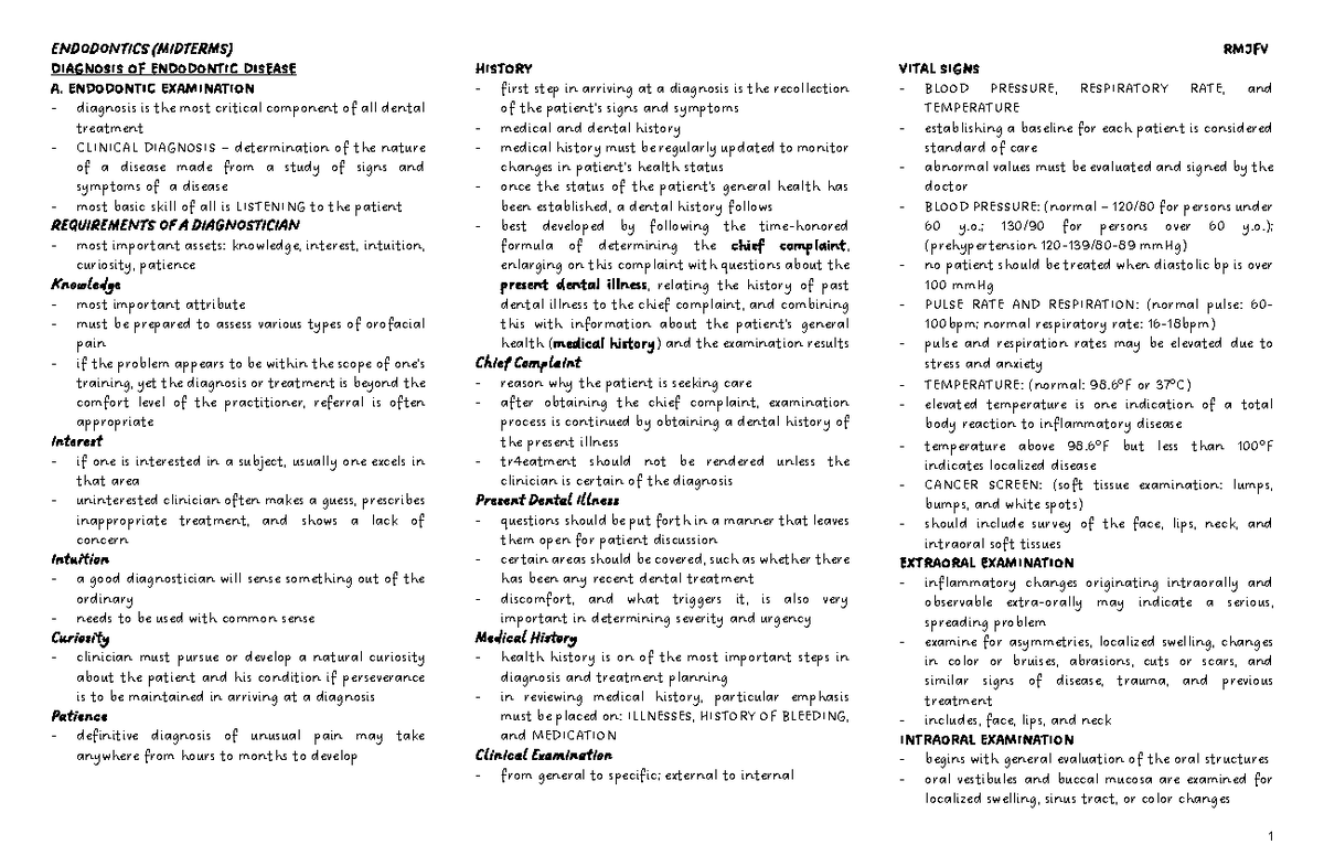 ENDO Midterm notes - ENDODONTICS (MIDTERMS) RMJFV DIAGNOSIS OF ...