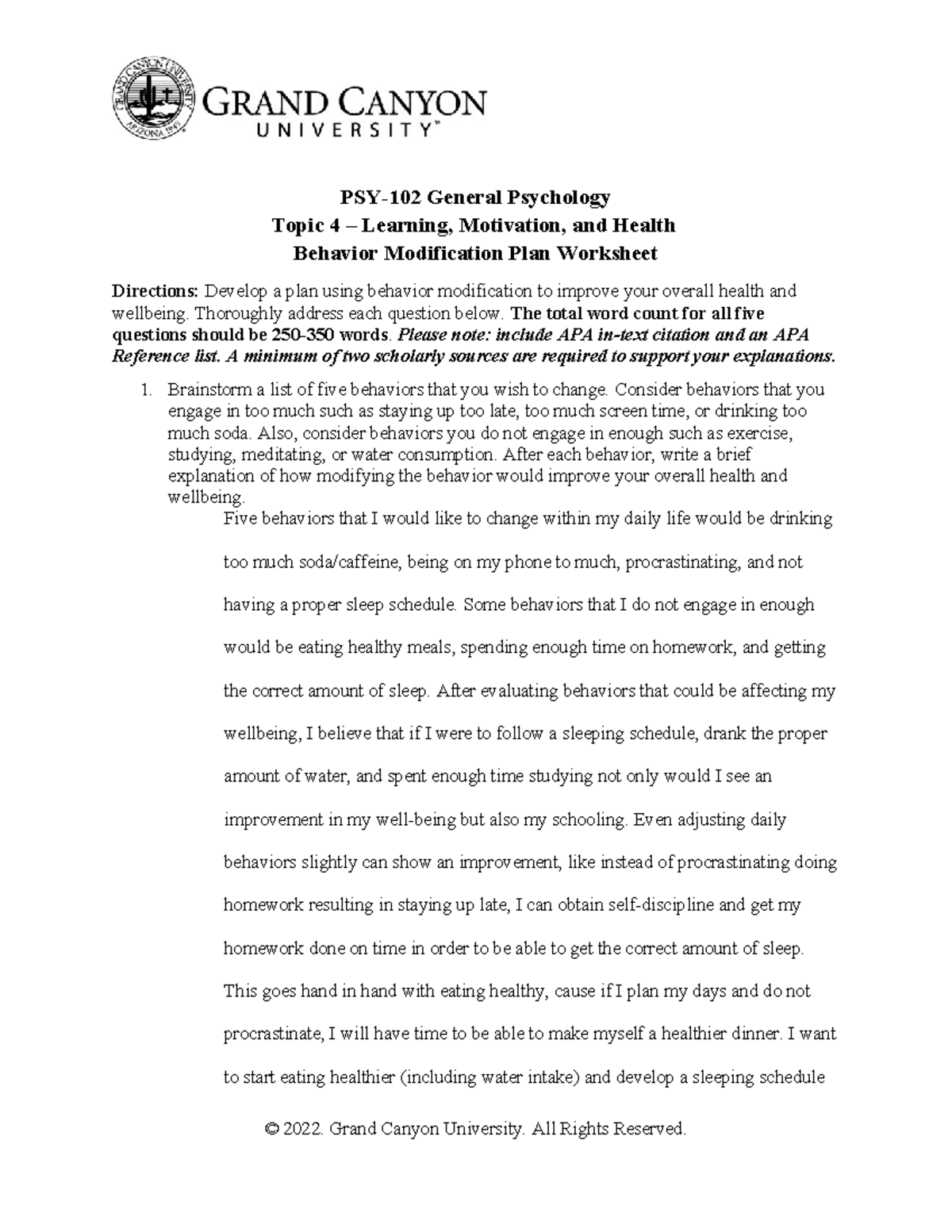 Behavior modification plan - PSY-102 General Psychology Topic 4 ...