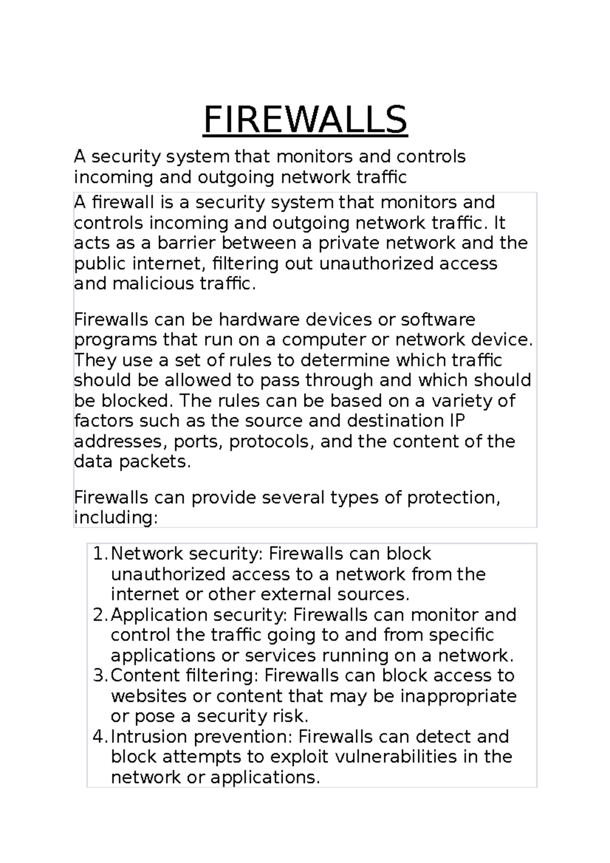 Firewalls - FIREWALLS A security system that monitors and controls ...