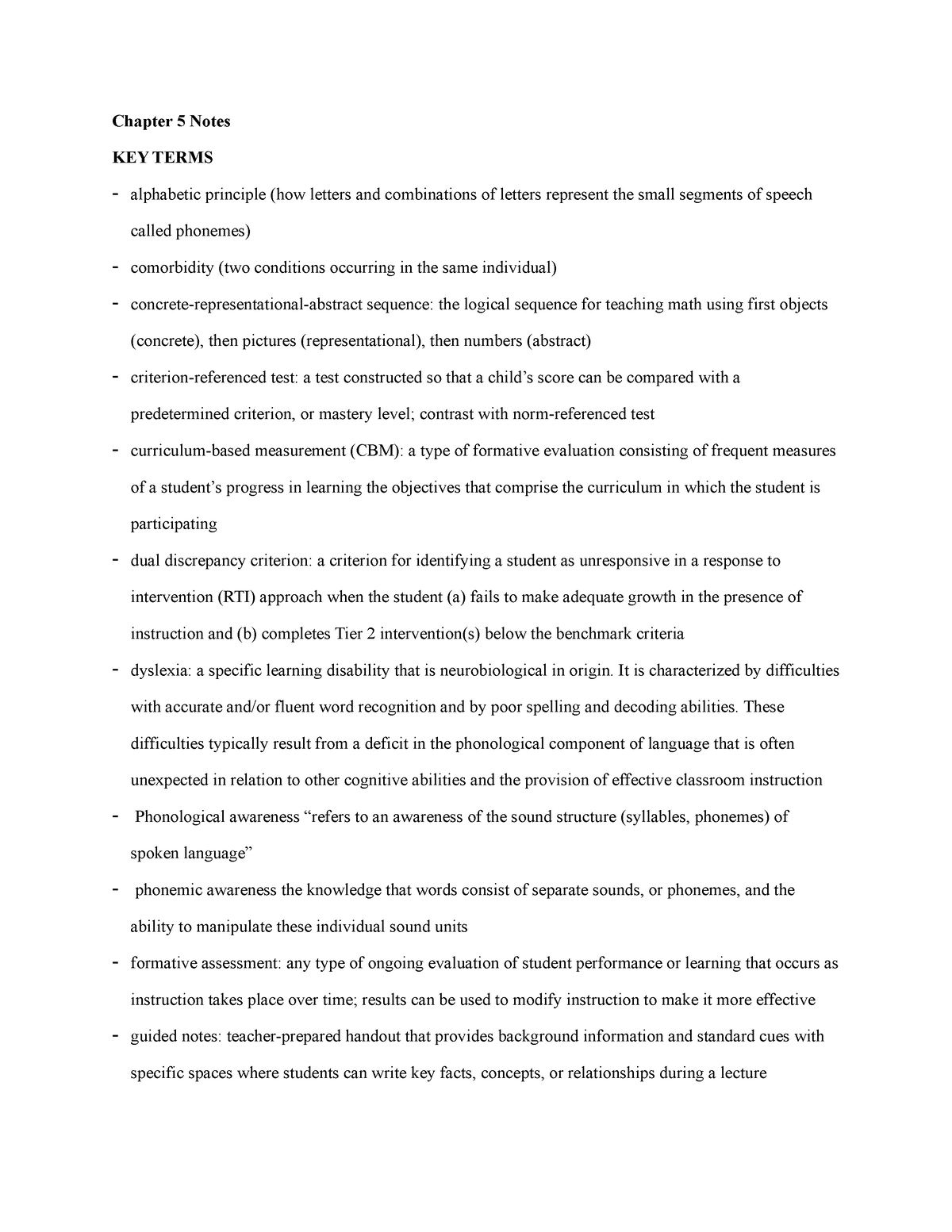 Chapter 5 Notes - Chapter 5 Notes KEY TERMS - alphabetic principle (how ...