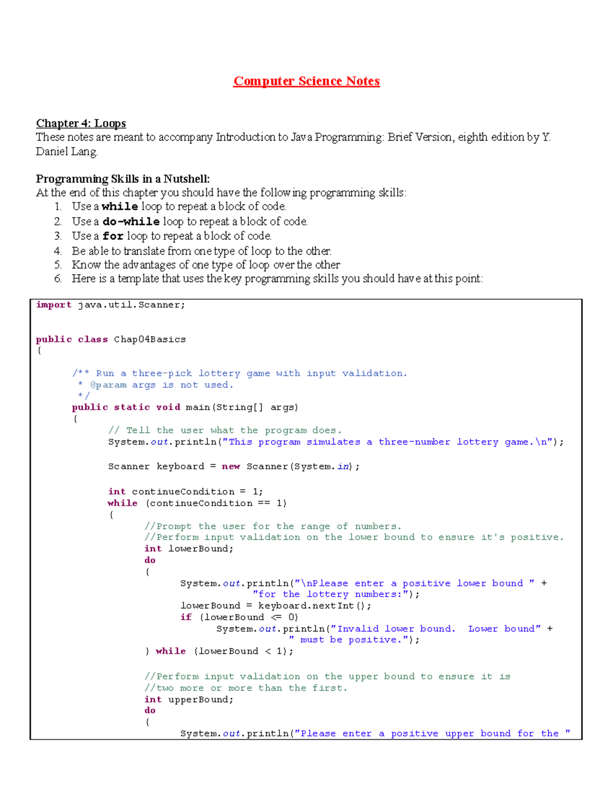 Ch04 Loops - Computer Science Notes Chapter 4: Loops These Notes Are ...