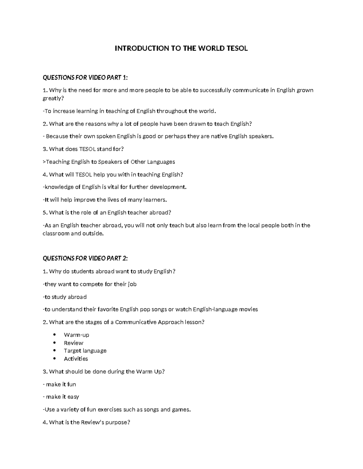 Questionnaire FOR Tesol Videos - INTRODUCTION TO THE WORLD TESOL ...