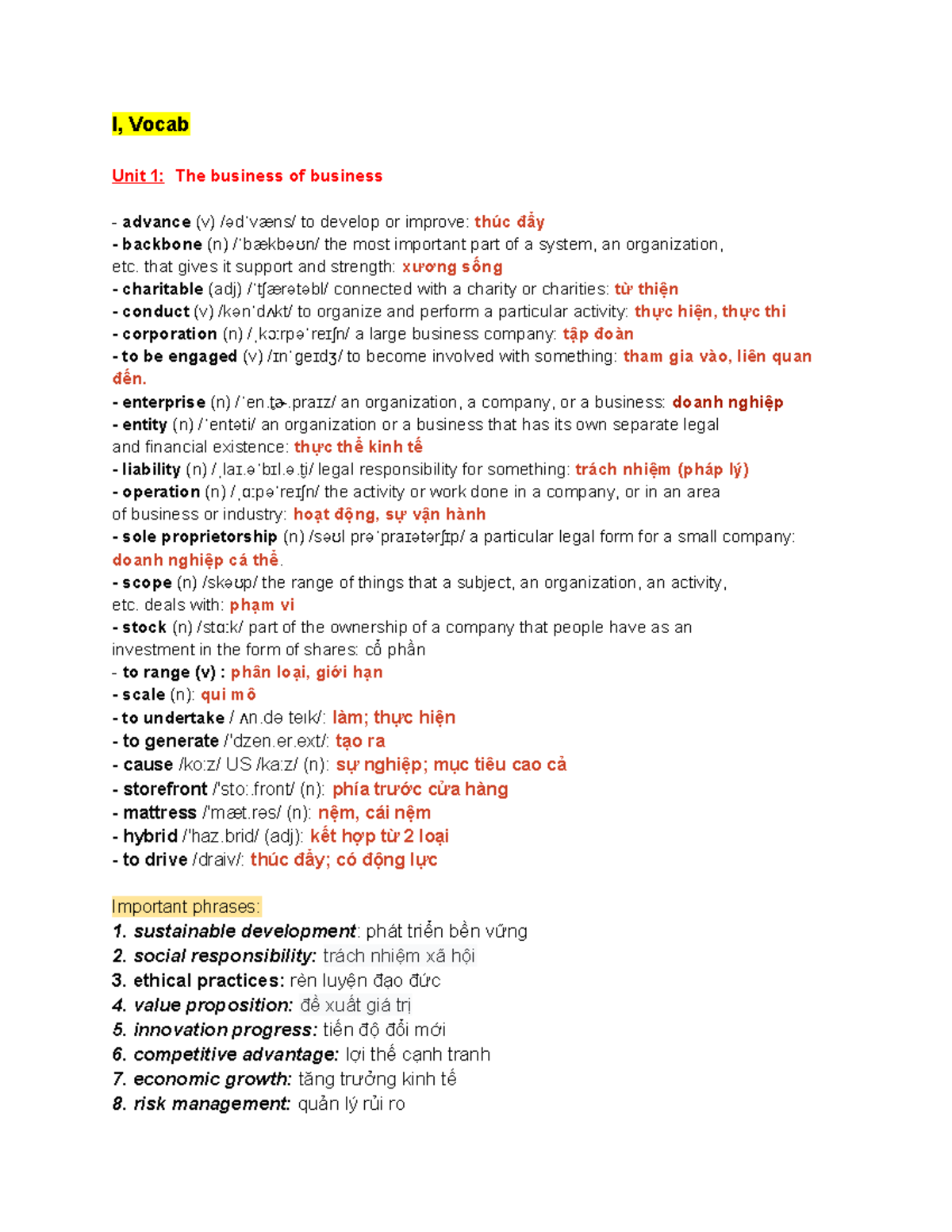 TACN-1 - Grammar, vocabulary - I, Vocab Unit 1: The business of ...