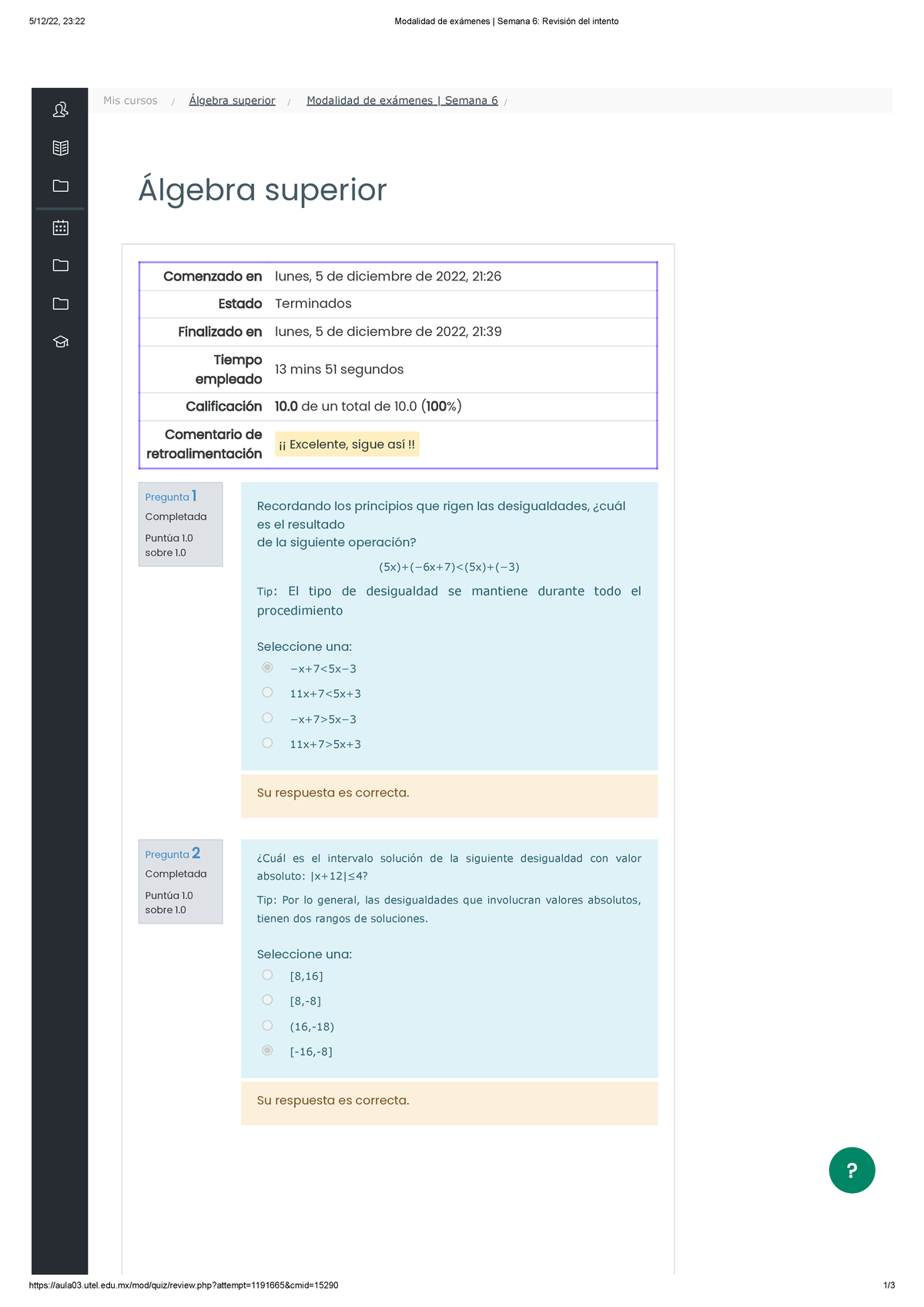 Modalidad De Exámenes Semana 6 Revisión Del Intento Algebra - 5/12/22 ...