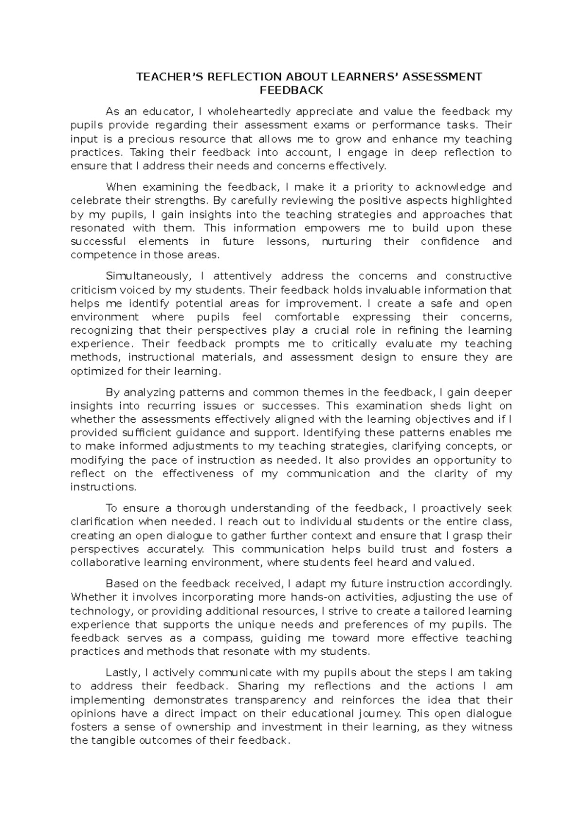 Teacher’S Reflection About Learners’ Assessment Feedback - TEACHER’S ...