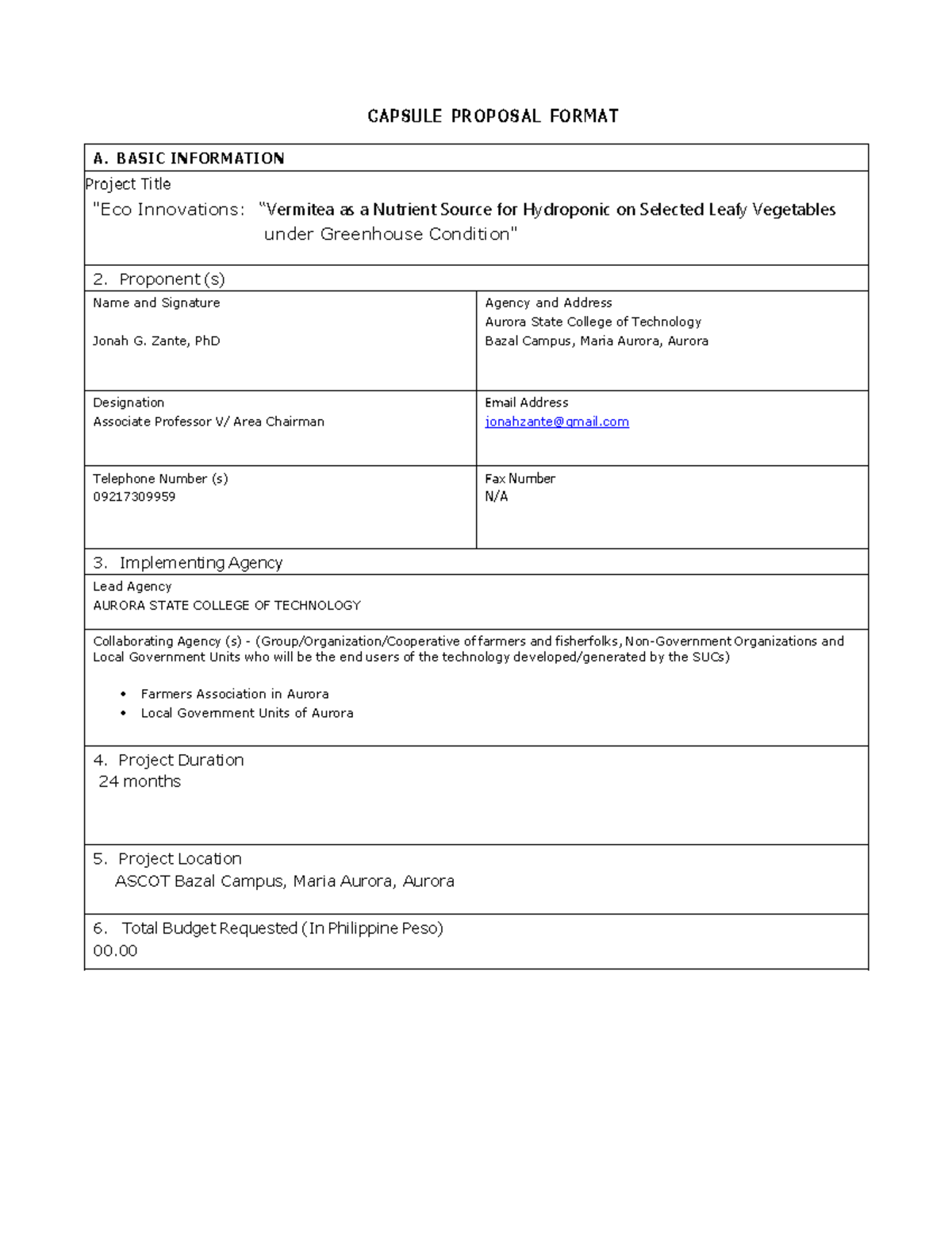 Sample-Proposal- Vermitea- A. BASIC INFORMATION Project Title 