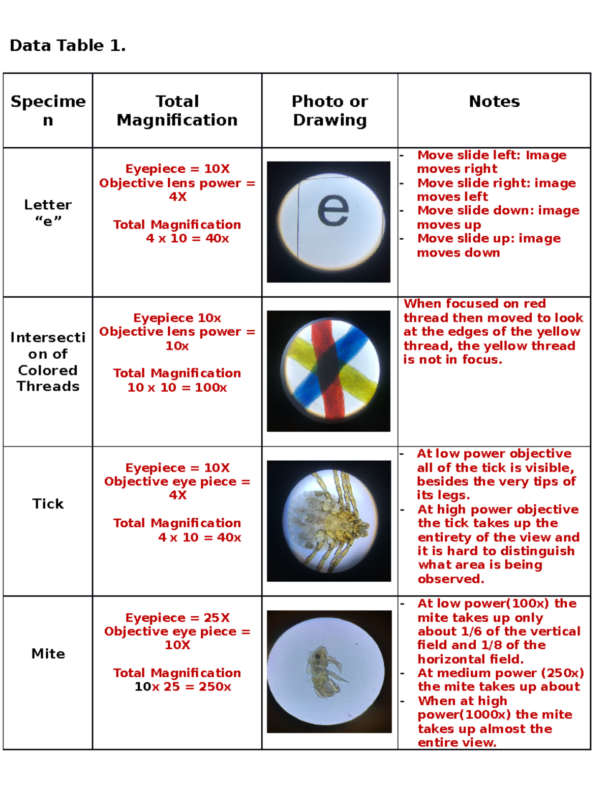 Intro To Microscopy Bacteria Lab Answer Sheet Data Table 1 Specime 