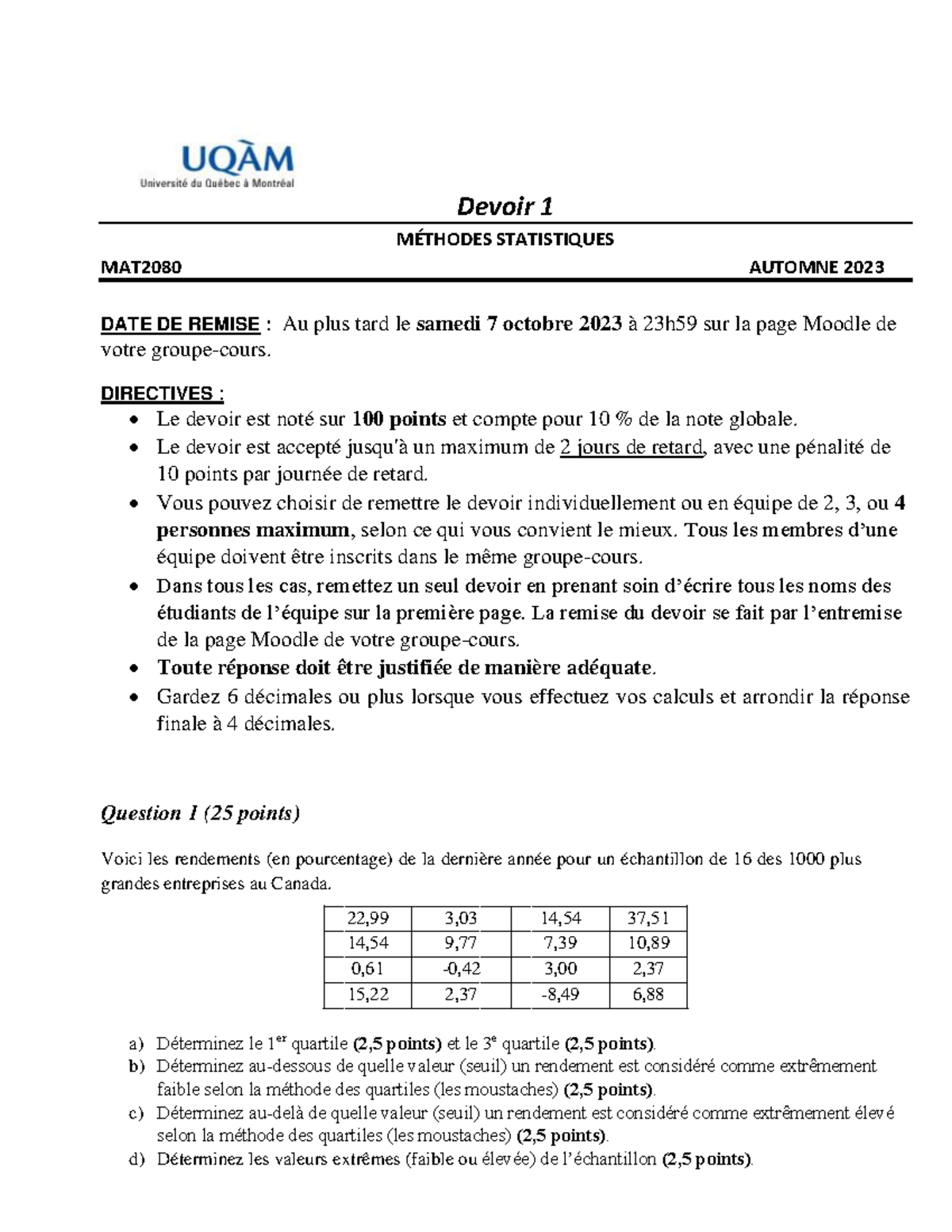 Devoir 1 - MAT2080 - Devoir 1 MÉTHODES STATISTIQUES MAT2080 AUTOMNE 202 ...