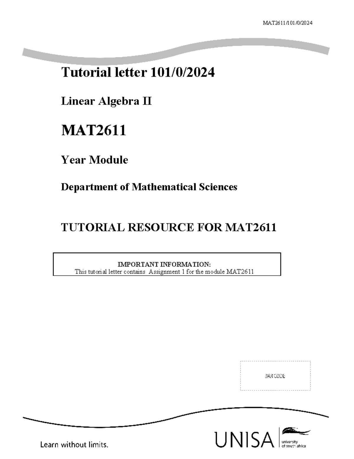 TL101 - MAT2611 2024 Assignment 1 - MAT2611 - MAT2611/101/0/202 4 ...
