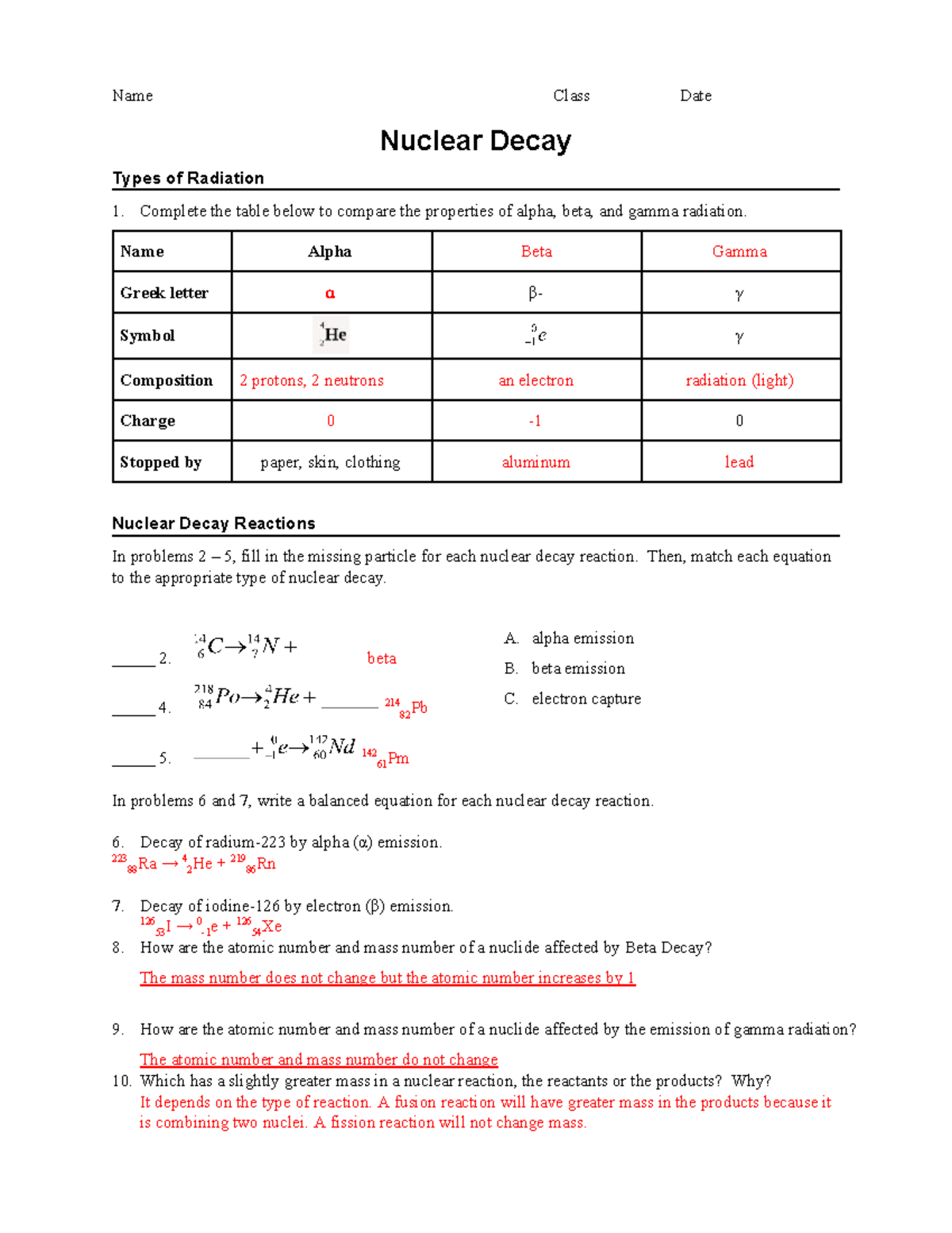 Answer key worksheet - nuclear decay - Name Class Date Nuclear Decay