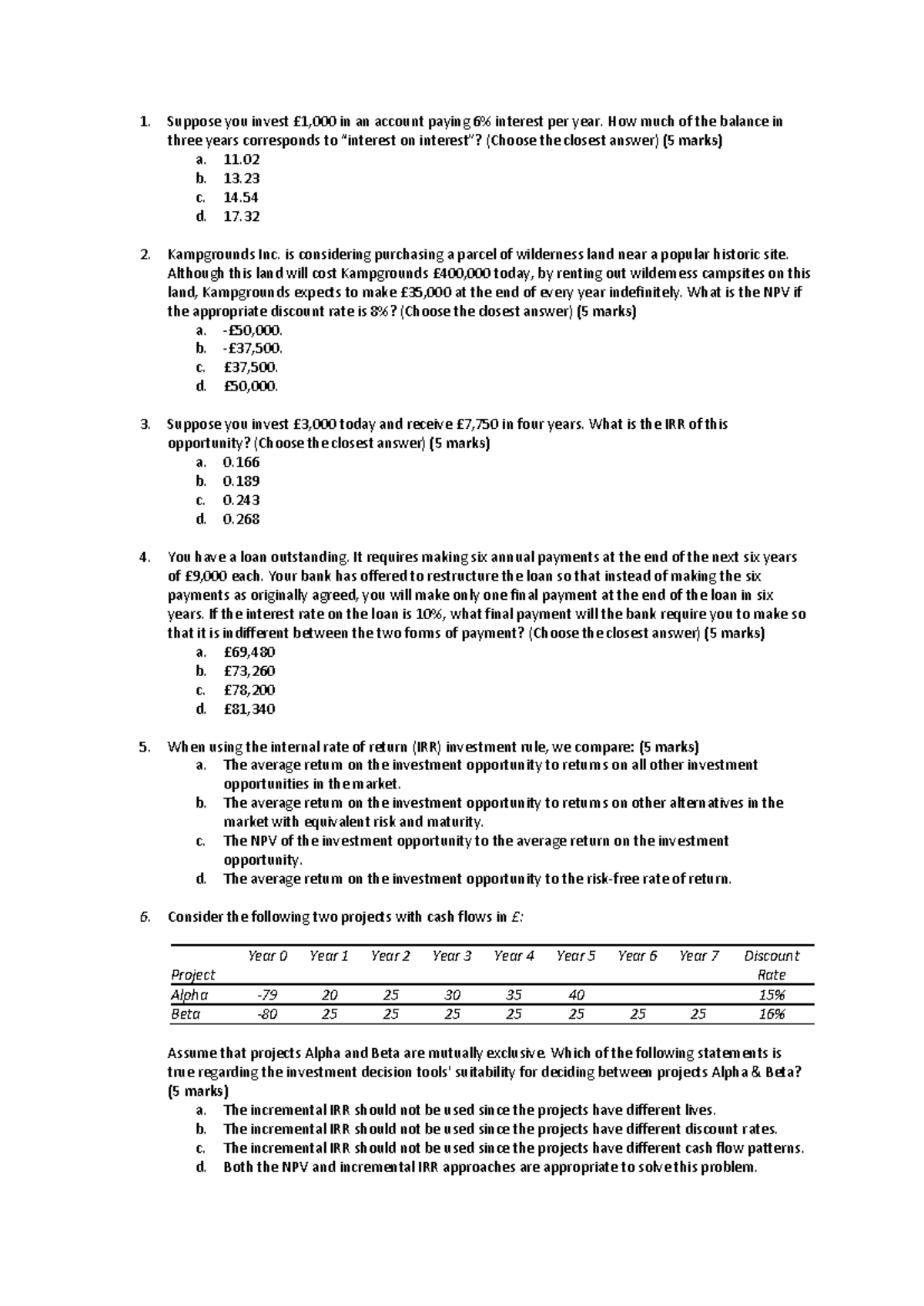 Sample Test - Suppose you invest £1,000 in an account paying 6% ...
