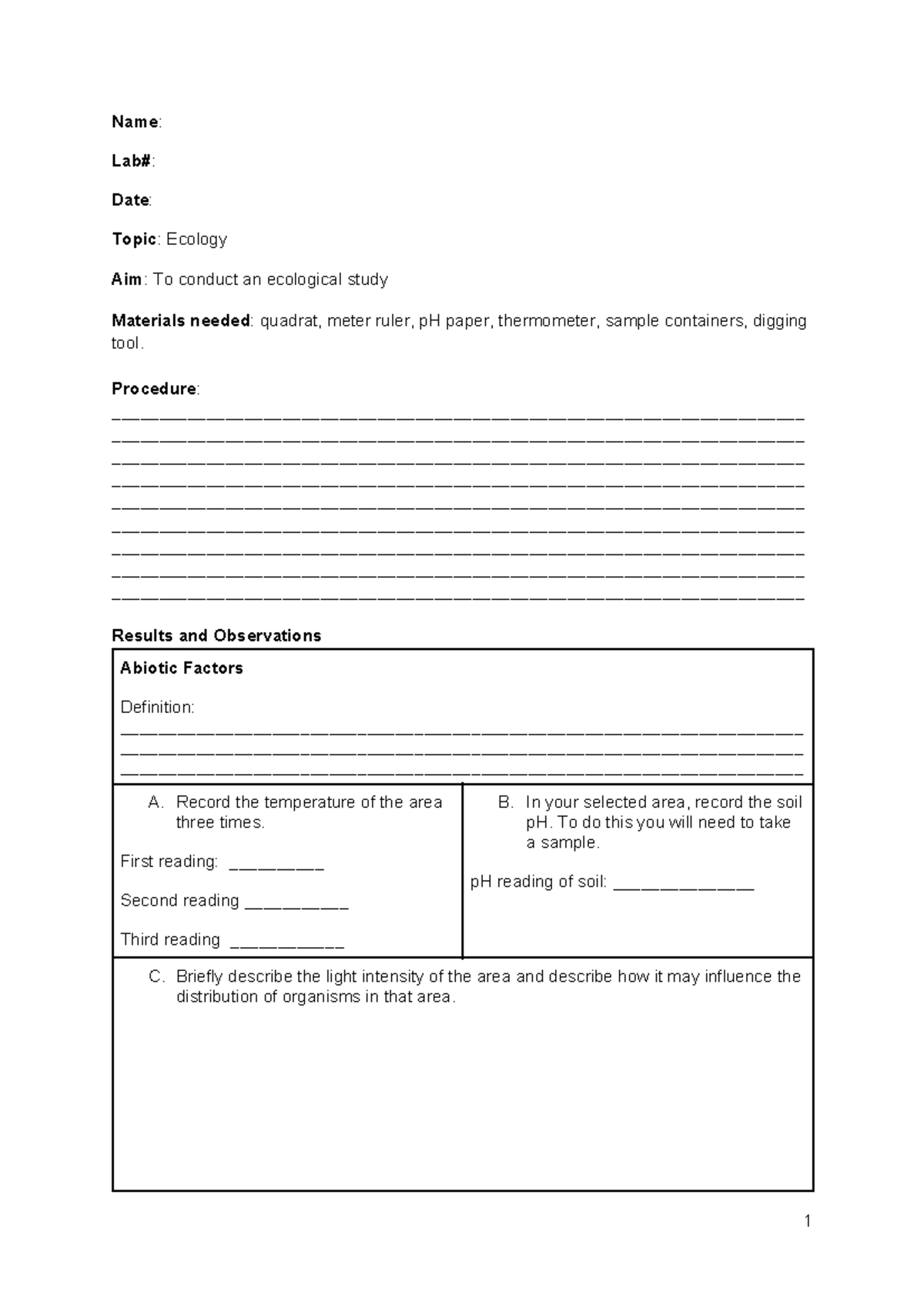 Ecology+document+Template - Name: Lab#: Date: Topic: Ecology Aim: To ...