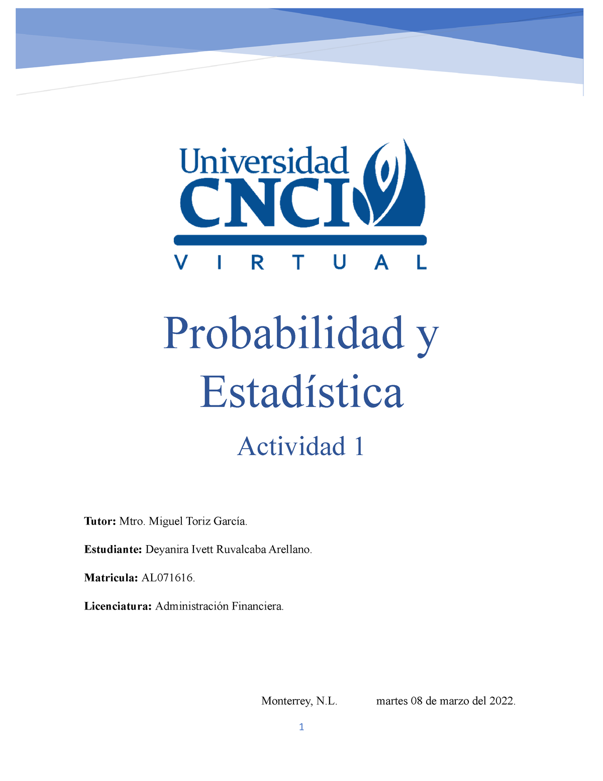 Actividad 1 - M3 Probabilidad Y Estadística FLN A - Studocu