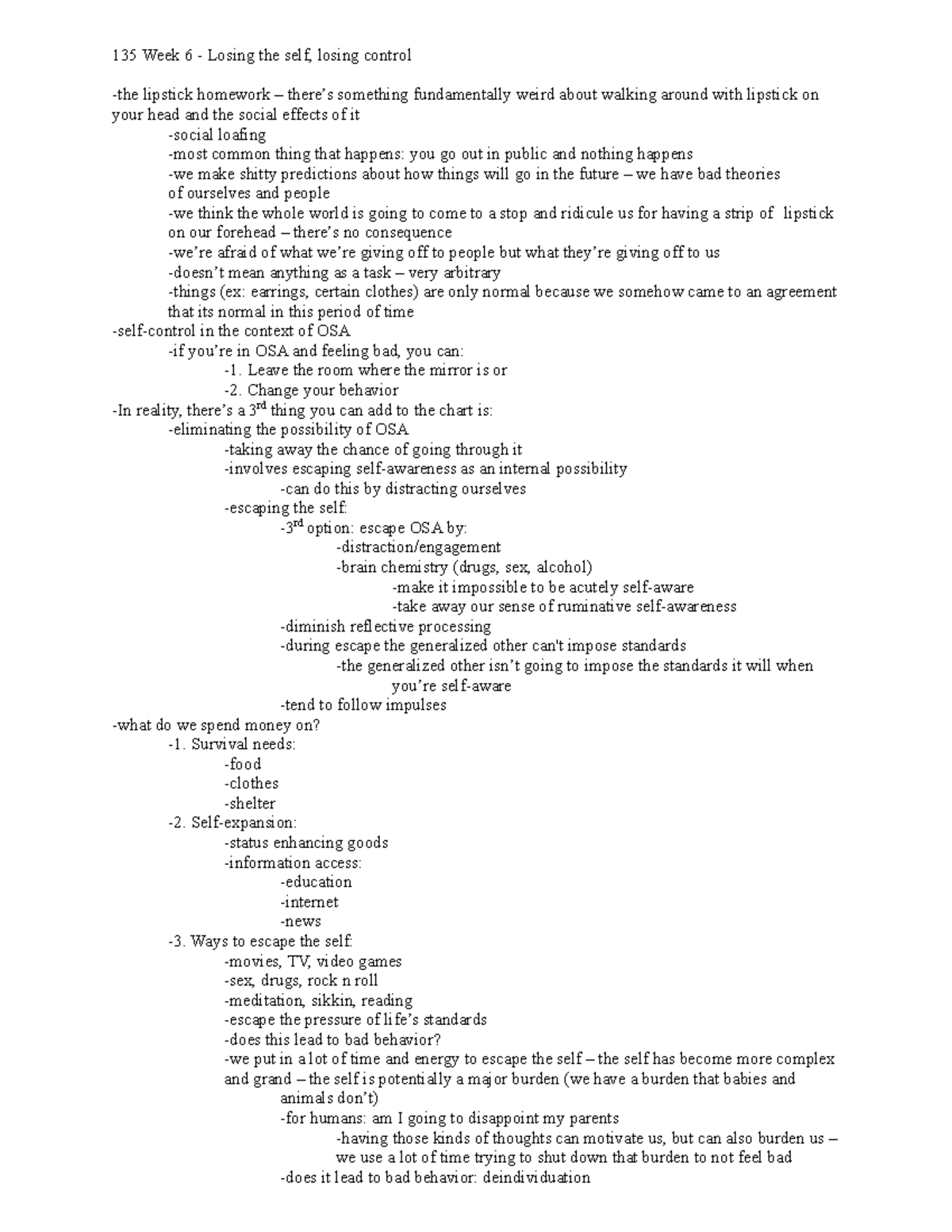 135week6thru8notes - week6-8 - 135 Week 6 - Losing the self, losing