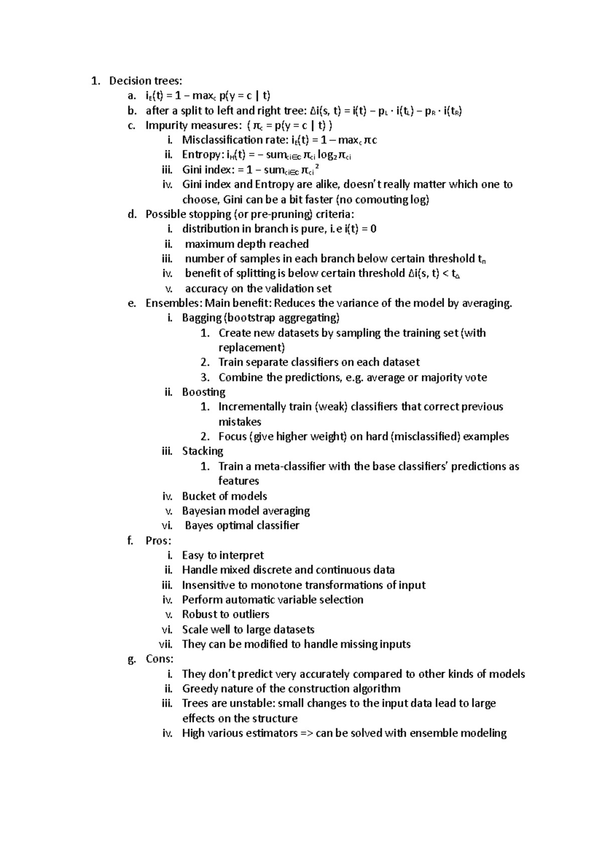 Cheat sheet ML - 1. Decision trees: a. iE(t) 1 maxc p(y c t) b. after a ...