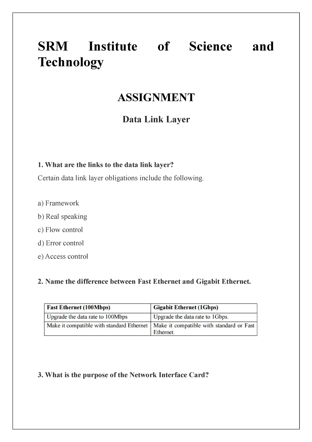 Data Link LayerA SRM Institute of Science and Technology ASSIGNMENT