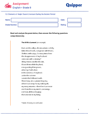 WS - Bede’s Death Song (The Venerable Bede) - Analysis English • Grade ...