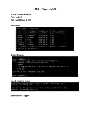 Ass 6 Dbms - Lab - Lab Assignment 6 Name: Sanved Potkule Division: AIDS ...