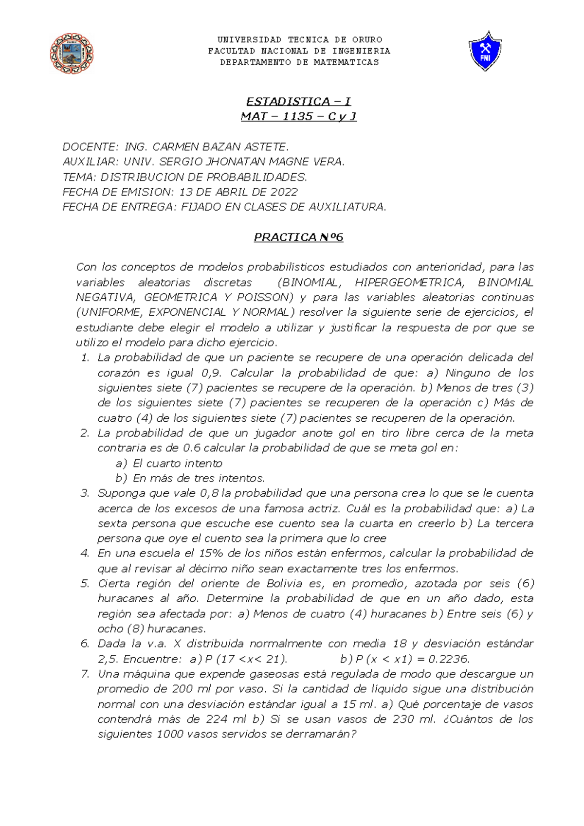 Practica N 6 Distribucion DE Probabilidades - UNIVERSIDAD TECNICA DE ...