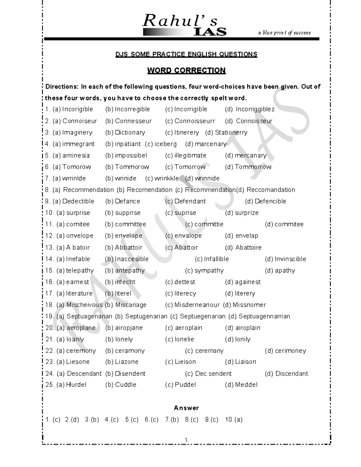 English Practice Mcq Ra H U L S A Blue Print Of Success Djs Some Practice English Questions 8649