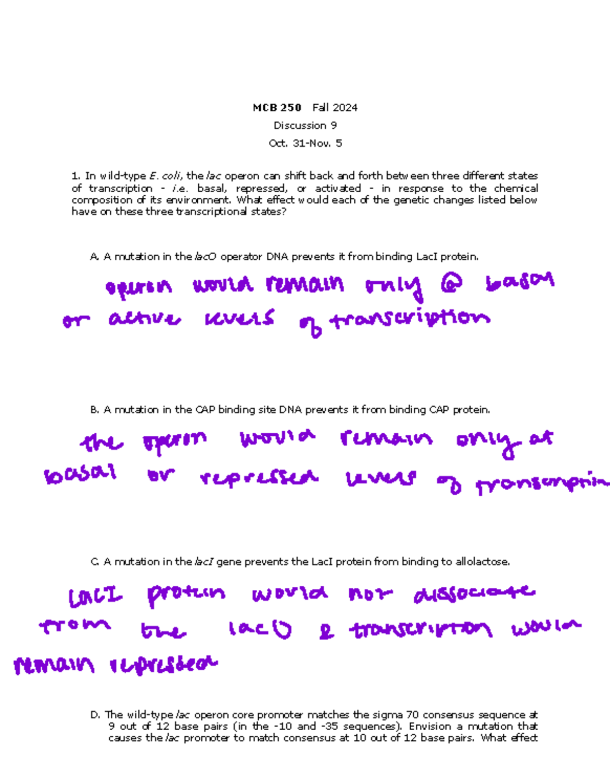 MCB250 Discussion+9 +WS9 FA24+%281%29 - MCB 250 Fall 2024 Discussion 9 ...
