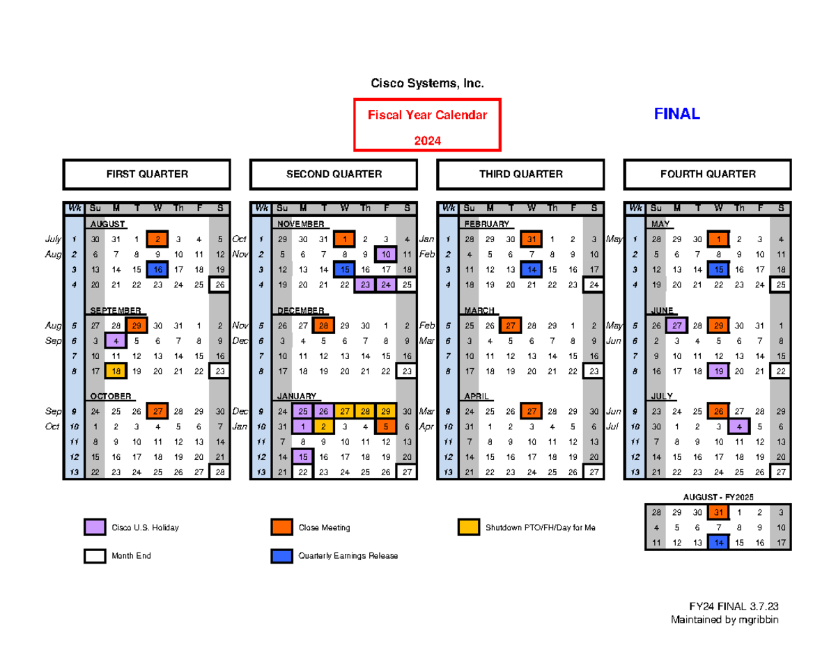 Cisco FY24 Fiscal Calendar 20232024 Cisco Systems, Inc. Wk Su M T