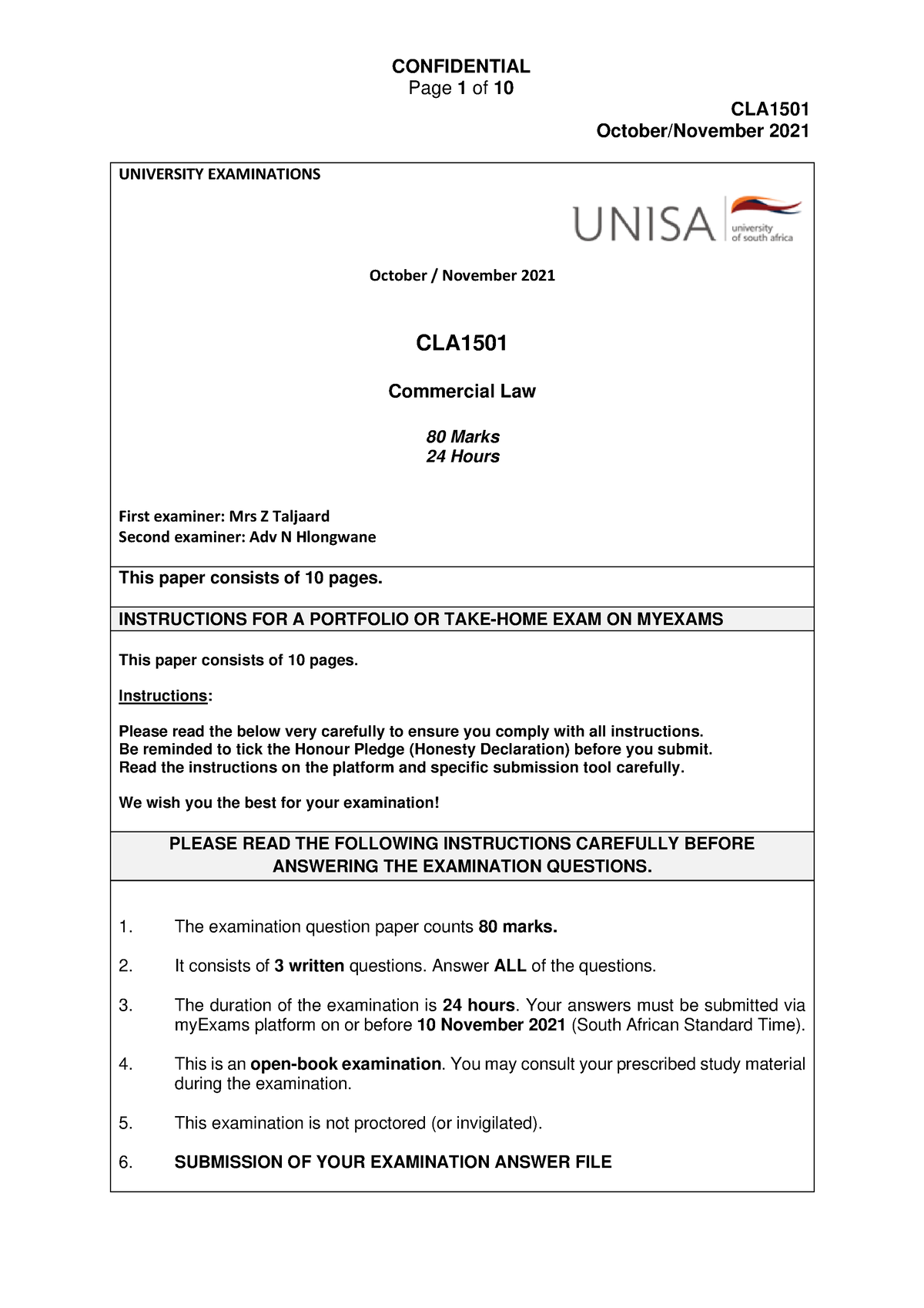 CLA1501 Examination - Nodes - Page 1 Of 10 CLA October/November 2021 ...