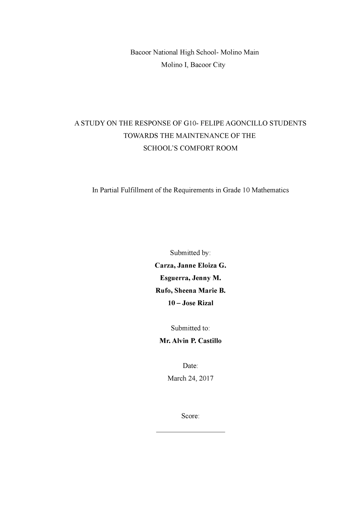 A Study ON THE Response OF G10 Felipe AG - Bacoor National High School ...