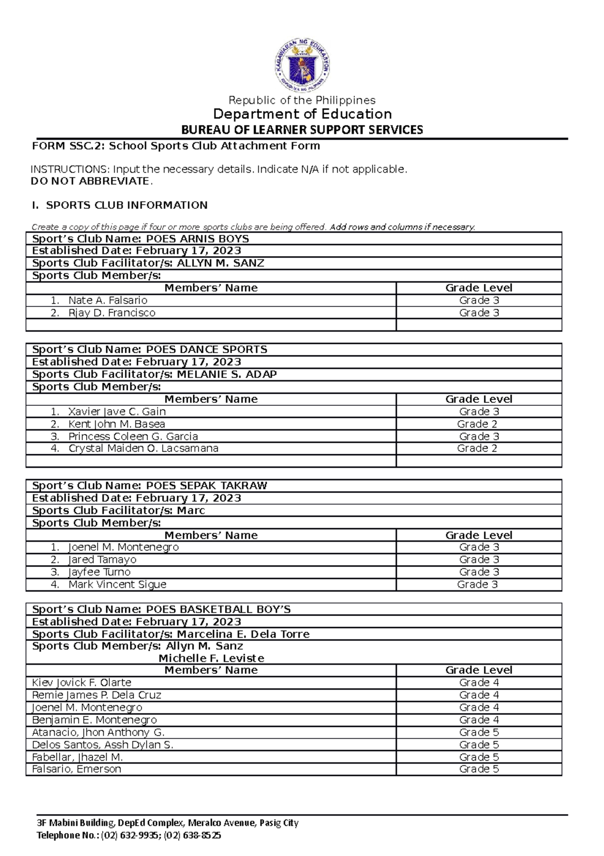 Poesform-SSC - REPORT - Republic of the Philippines Department of ...