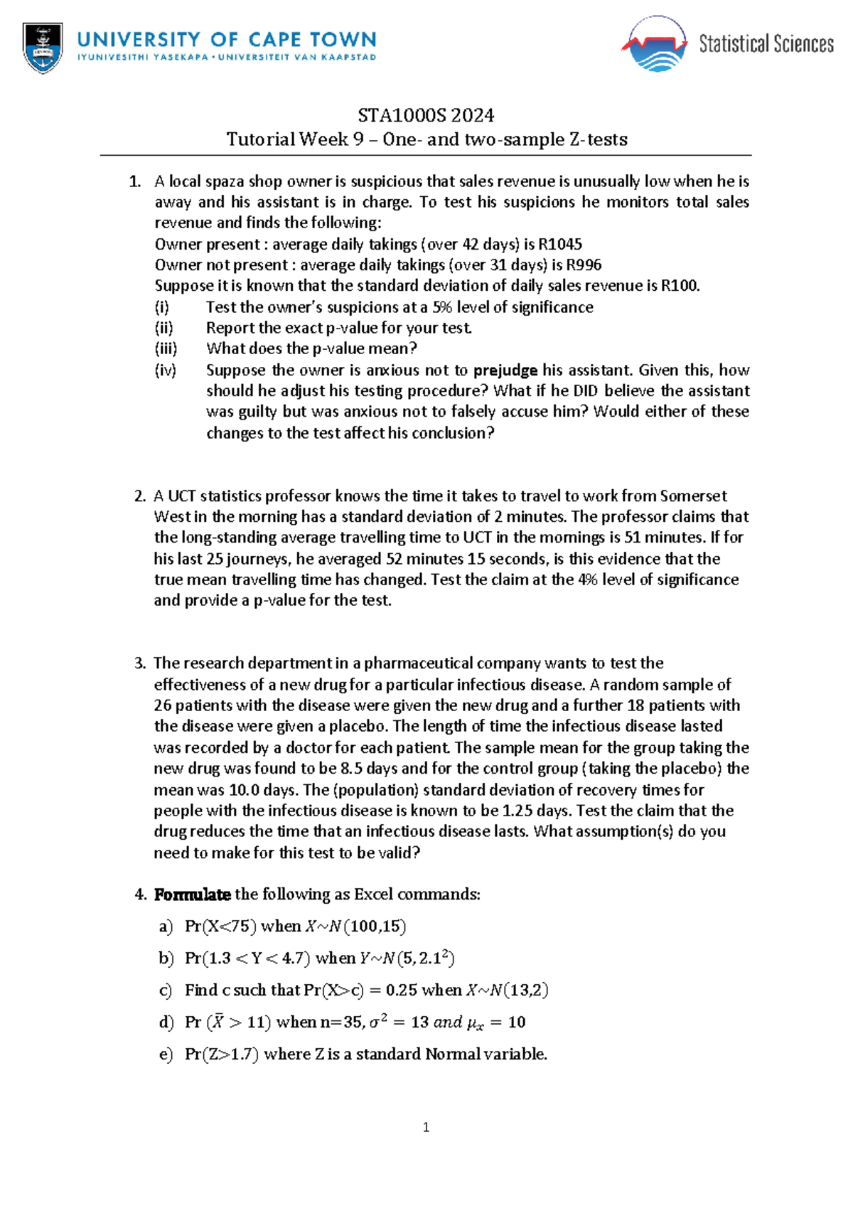 Tutorial Week 9 STA1000S 2024 - 1 STA1000S 2024 Tutorial Week 9 – One ...