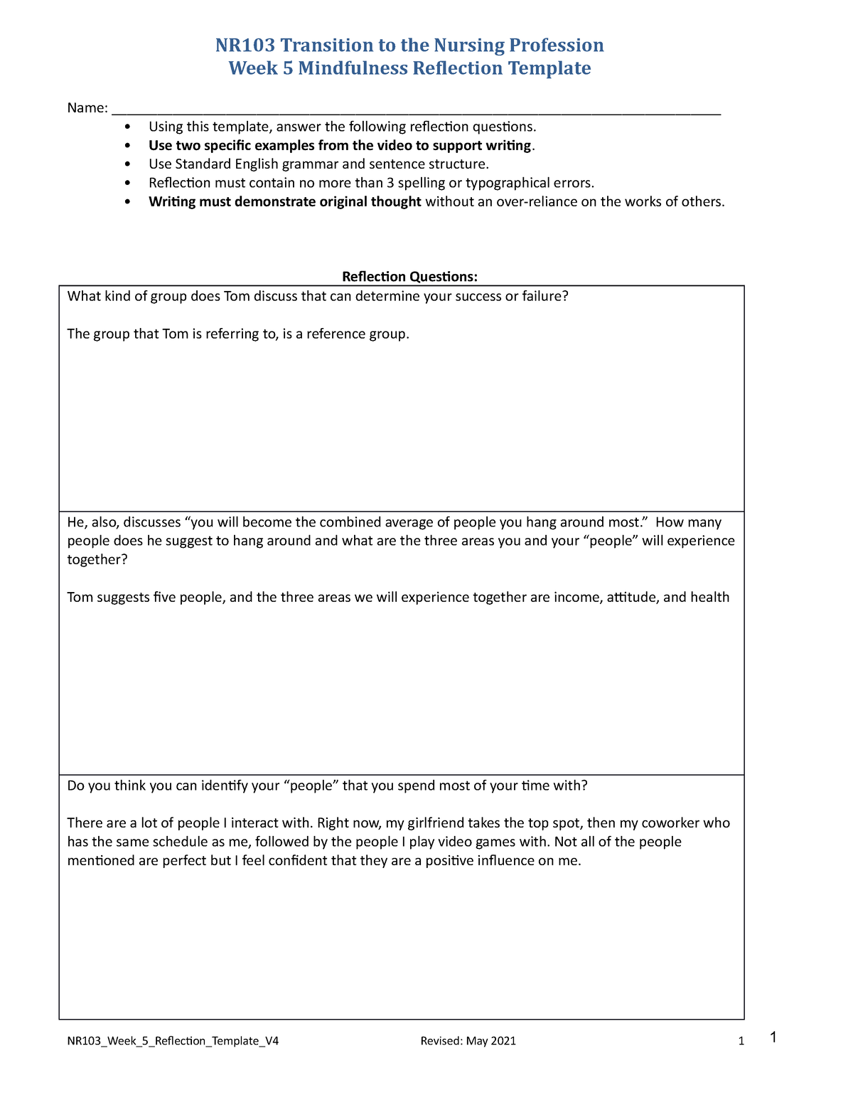 Gcamacho NR103 week 5 reflection answers - NR103 Transition to the ...