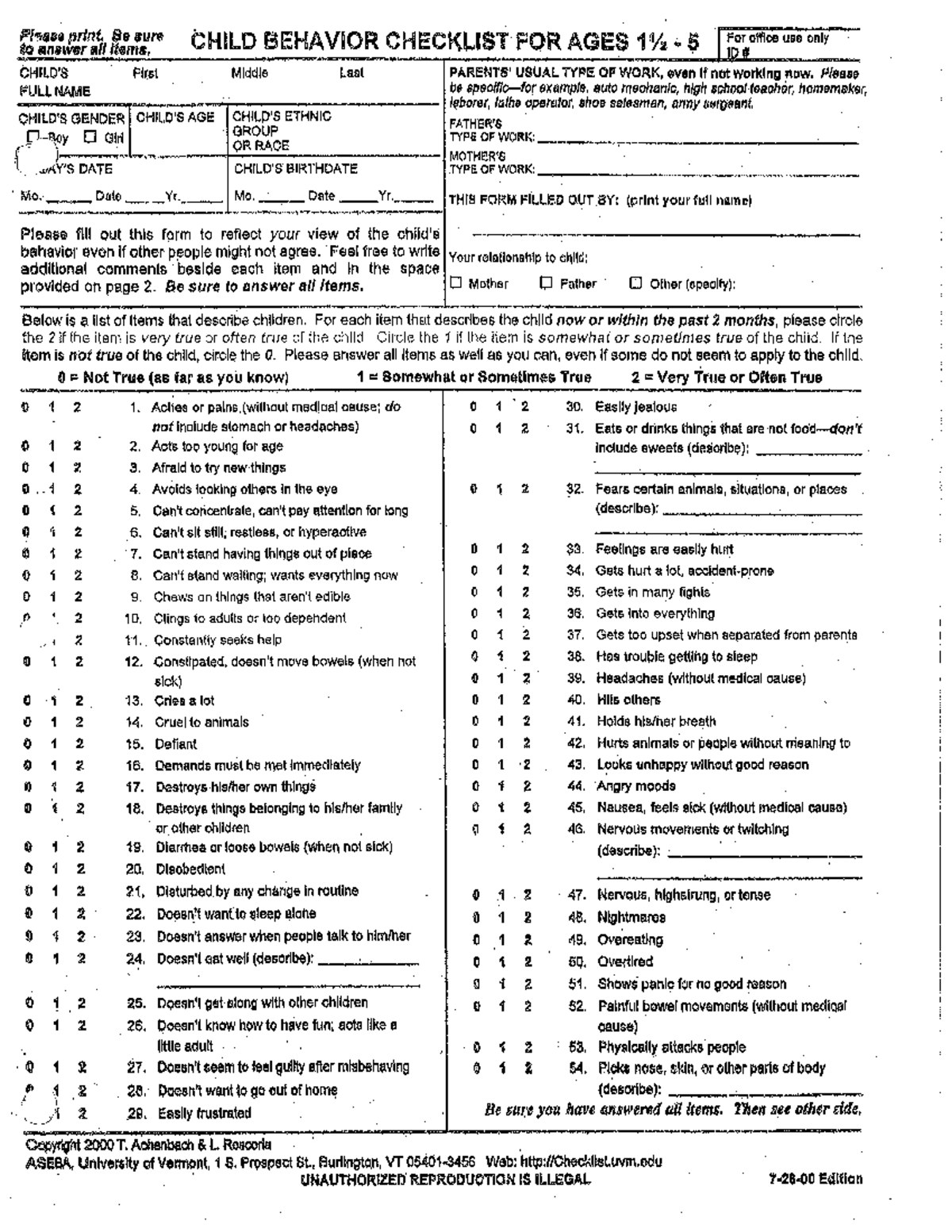 Child Behavior Checklist for Ages 1 - Algemene Psychologie - Studocu