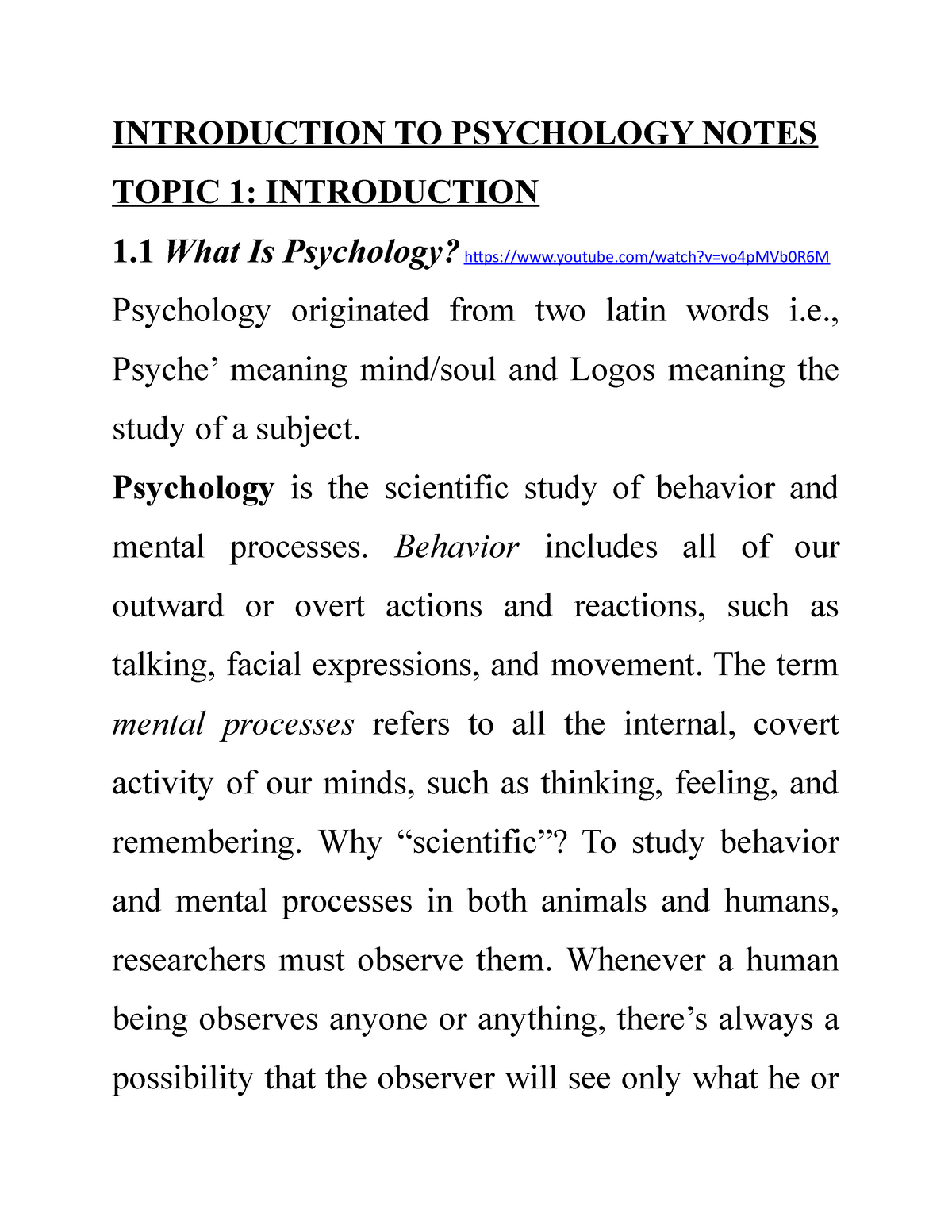 Introduction TO Psychology - INTRODUCTION TO PSYCHOLOGY NOTES TOPIC 1 ...