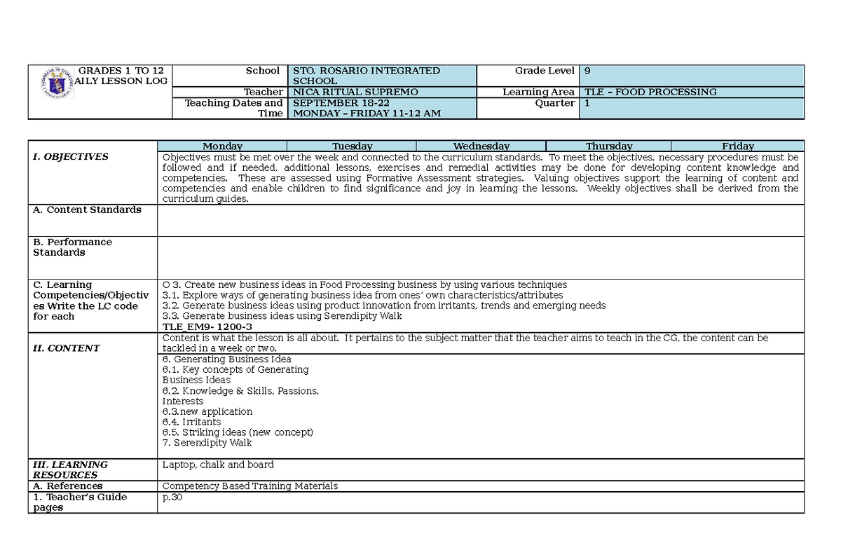 DLL WEEK4 - dll - GRADES 1 TO 12 DAILY LESSON LOG School STO. ROSARIO ...